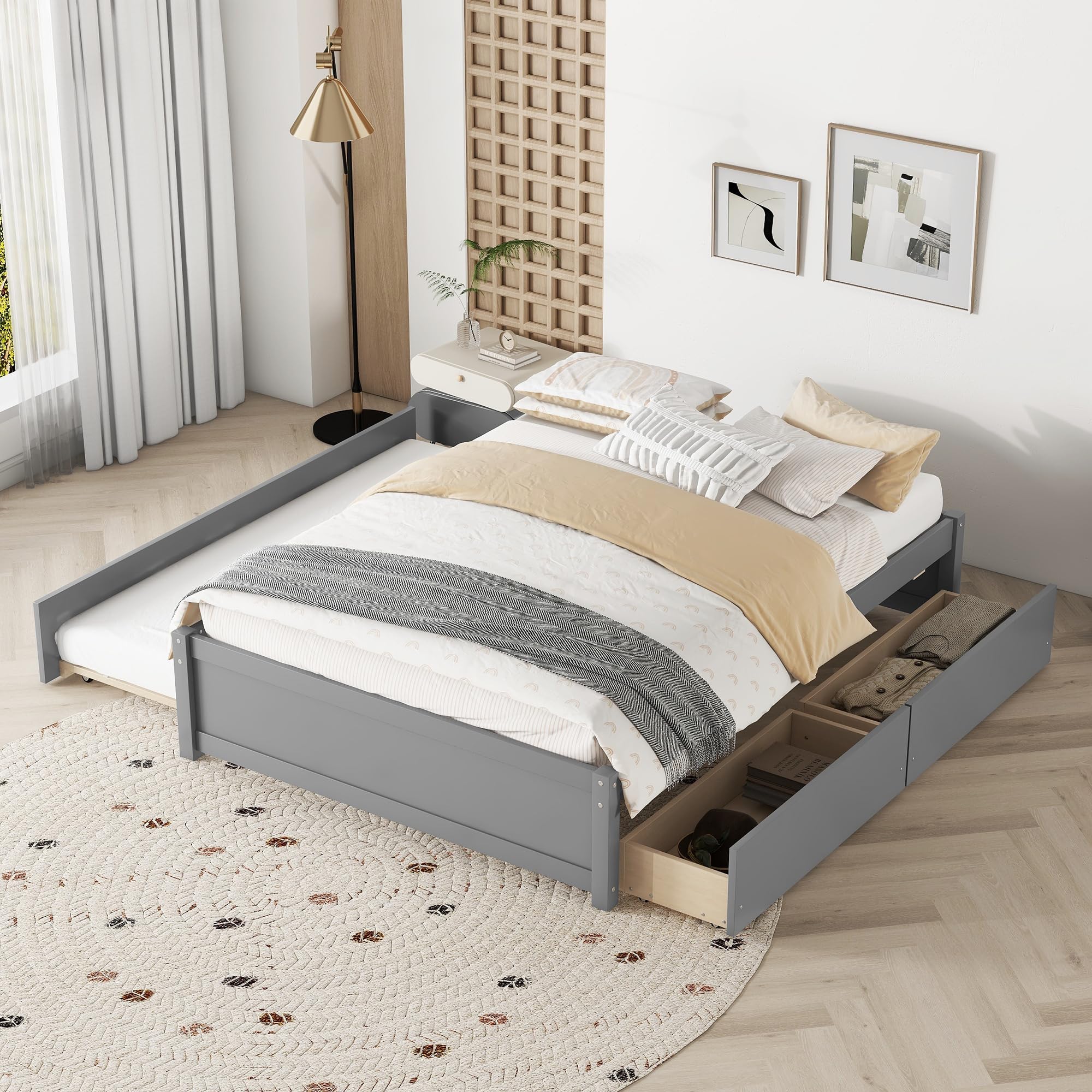 Solid Wood Full Size Platform Bed Frame with Trundle & Storage Drawers - Grey Captain Bed for Kids, Teens & Adults - Perfect for Small Spaces, Guest Rooms & Dormitories