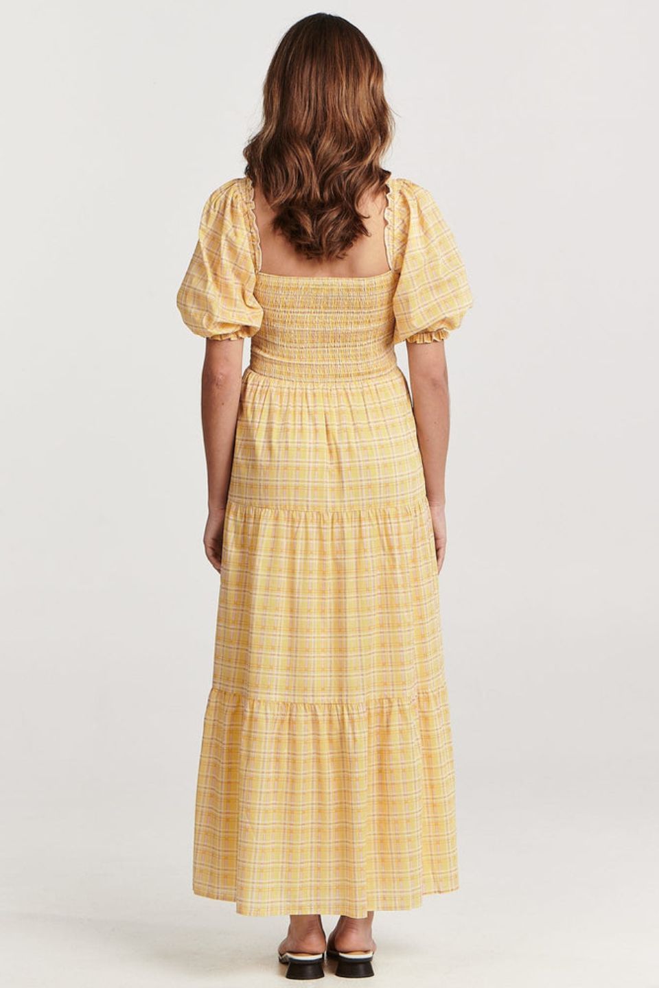 Elena Yellow Puff Sleeve Tiered Midi Dress for Women - Flowy Summer Dress with Ruffles - Perfect for Beach, Wedding & Party Occasions