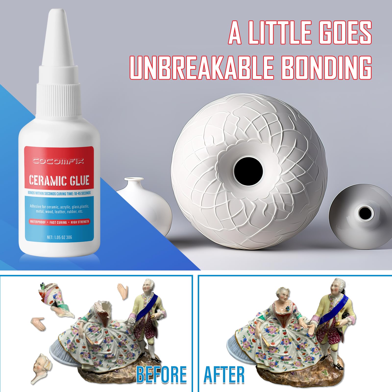Ultimate Ceramic Glue - Strong Adhesive for Ceramic & Porcelain Repair (30g) | Waterproof, Heat Resistant, Food Safe | Perfect for Kitchenware, Bathroom Tiles & Decorative Pottery Fixes