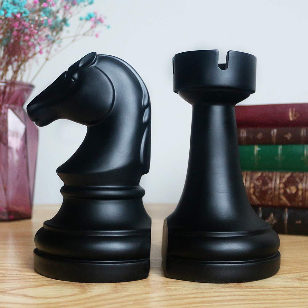 Decorative Chess Bookends - Heavy Duty Black Book Supports for Office & Home - Unique Desk & Bookrack Decor - 7