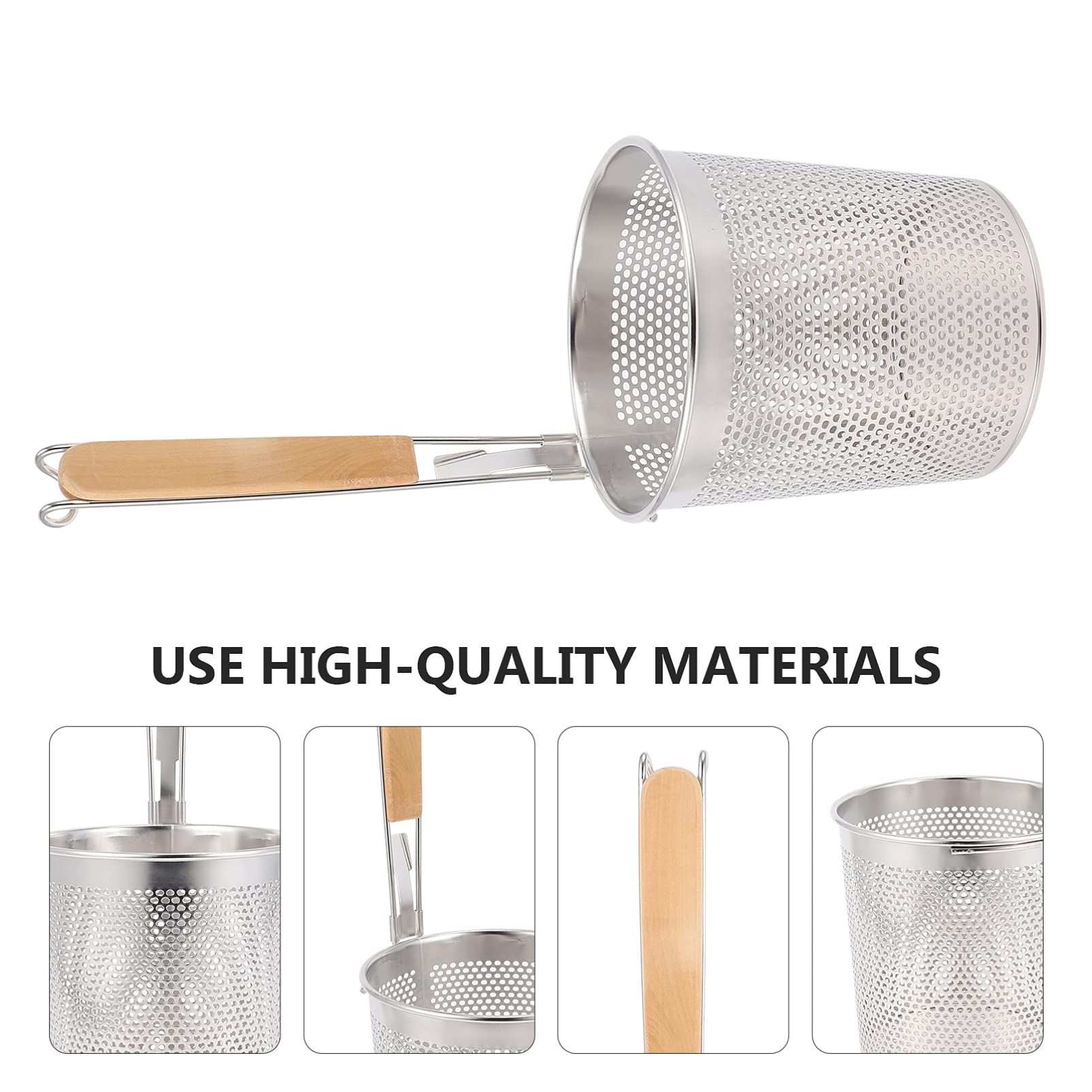 Stainless Steel Large Round Wok Strainer Colander with Wooden Handle - 12cm Fry Basket for Udon, Pasta, Noodle & Ramen | Perfect for Rinsing, Straining, Boiling & Frying | Ideal for Asian Cooking, Kitchen Prep & Deep Frying