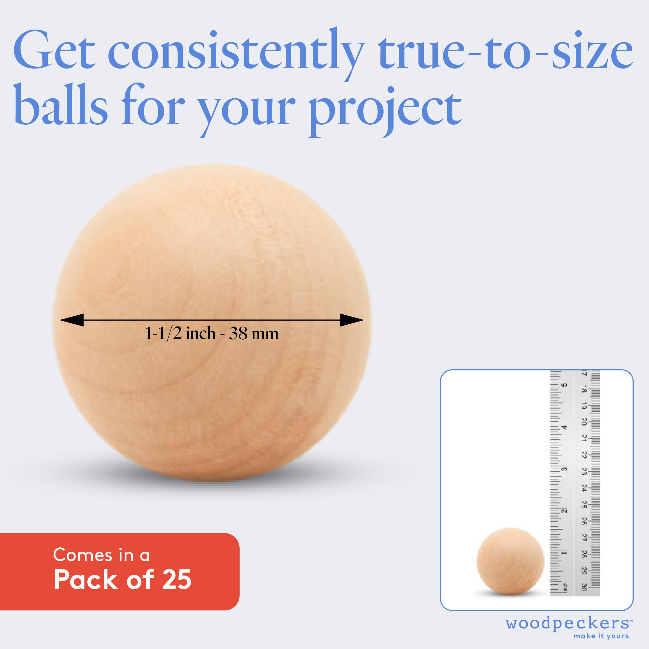 1-1/2 Inch Unfinished Hardwood Birch Wooden Round Balls - Pack of 25 DIY Craft Spheres for Woodworking, Home Decor, Holiday Ornaments & Kids Art Projects (1.5