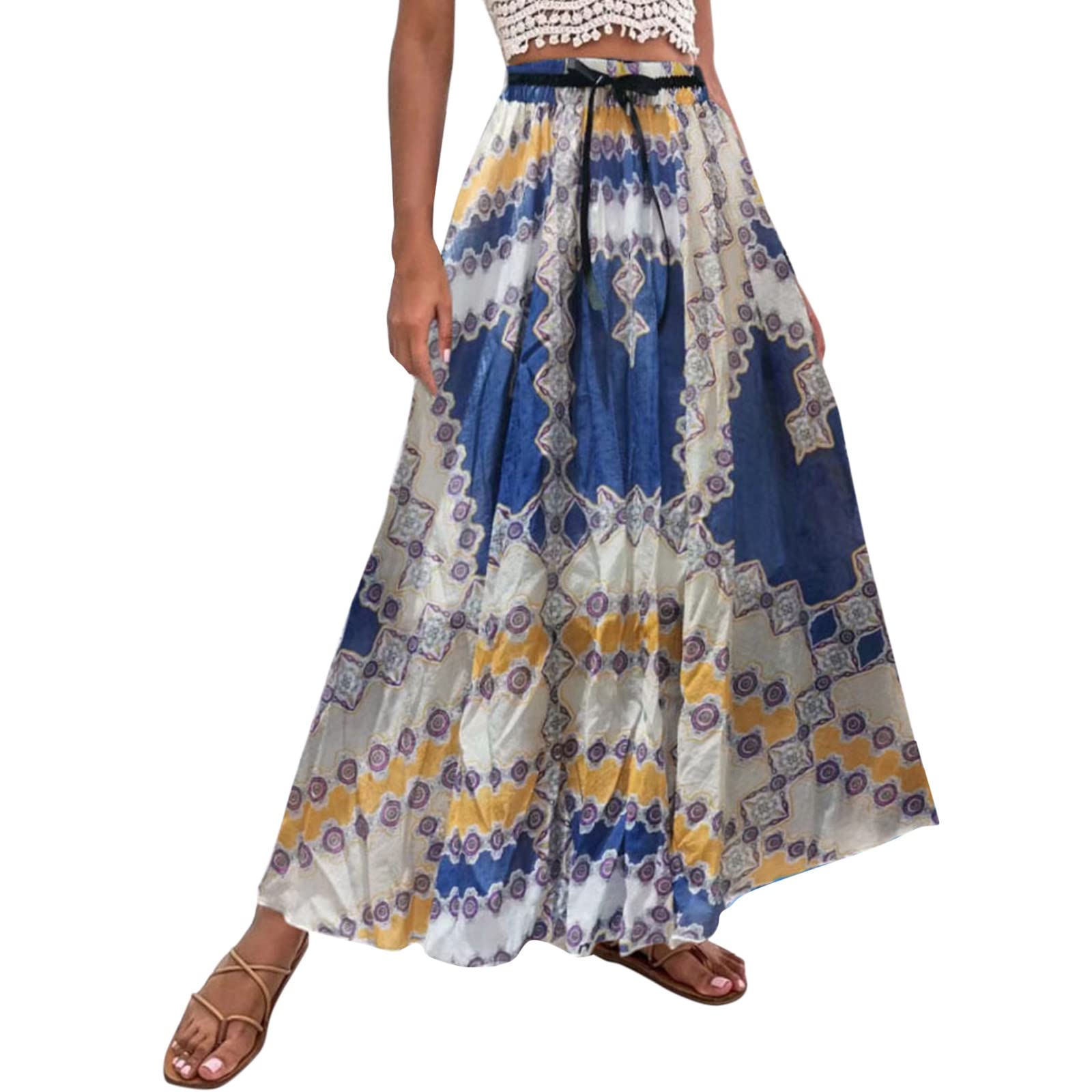 Bohemian Floral Print Maxi Skirt for Women - Elastic High Waist, A-Line Swing Long Skirt - Perfect for Summer Casual Wear, Beach Vacations & Boho Fashion Outfits