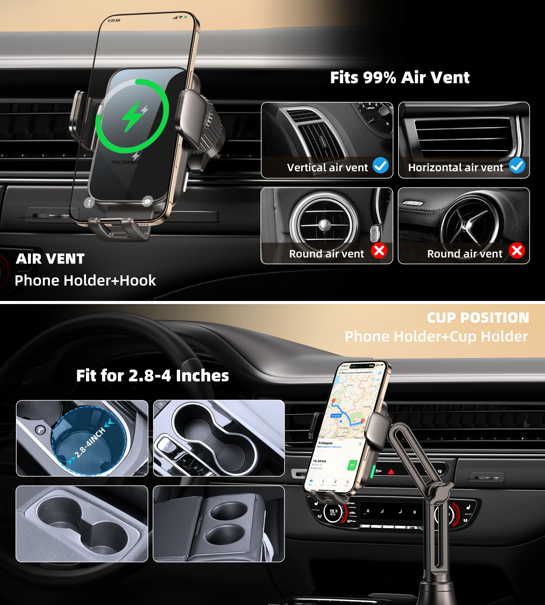 15W Dual Coil Wireless Car Cup Holder Phone Charger - Auto-Clamping Fast Charging Vent Mount with 360° Rotation for iPhone 15/14/13 & Samsung Galaxy S25/S24/S23 - Perfect for Road Trips & Commuting