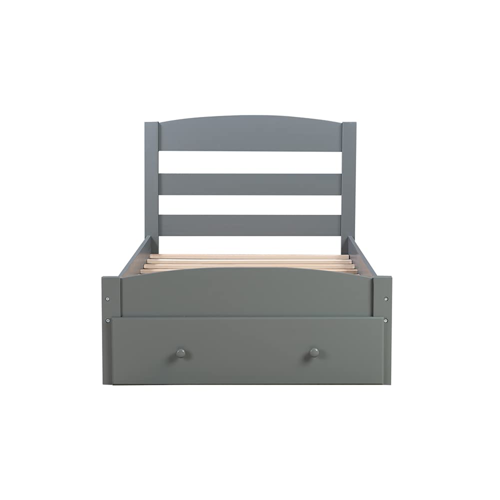Twin Size Platform Bed Frame with Storage Drawers - Solid Pinewood Bed with Wide Plank Curved Headboard, Under Bed Storage Space - Perfect for Small Bedrooms, Guest Rooms & Studio Apartments (Gray)