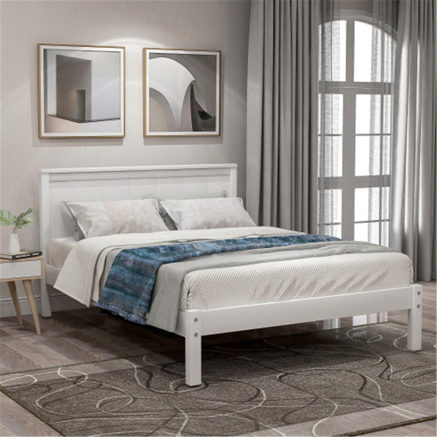 Twin Size Wooden Platform Bed Frame with Headboard - Sturdy White Kids Bed for Bedroom, Dorm, or Guest Room - Easy Assembly & Modern Design