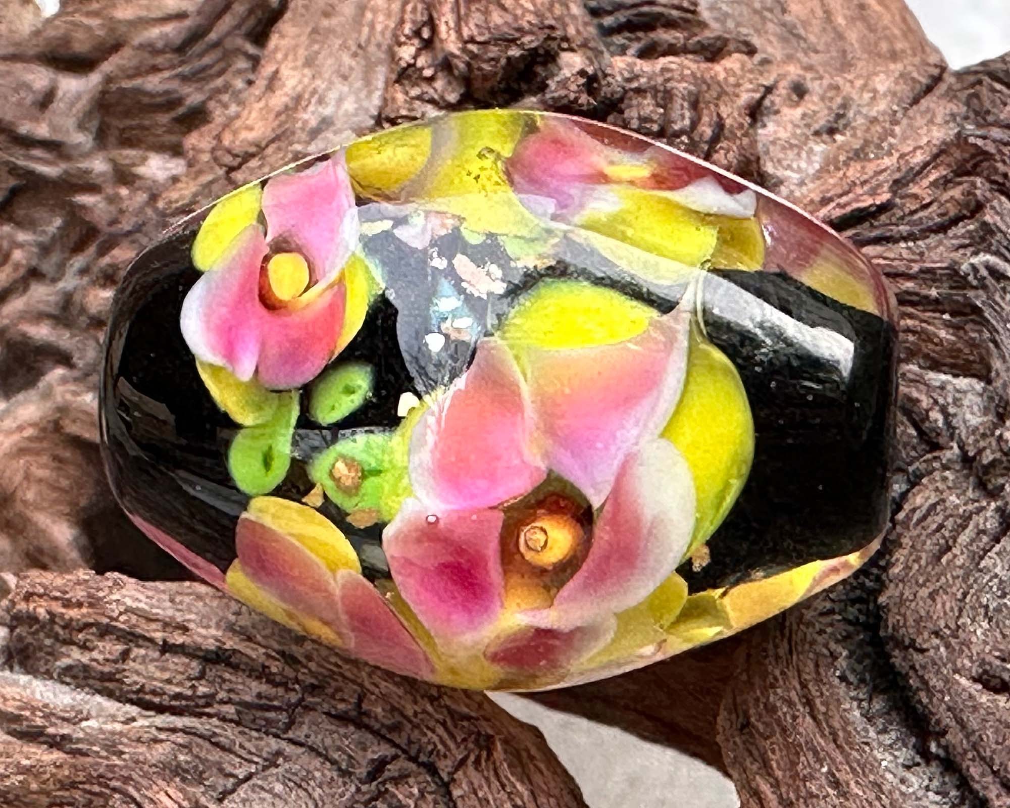 Handmade Yellow Pink Floral Lampwork Glass Focal Bead - SRA Certified Artisan Jewelry Component for Necklaces, Bracelets & DIY Crafting Projects