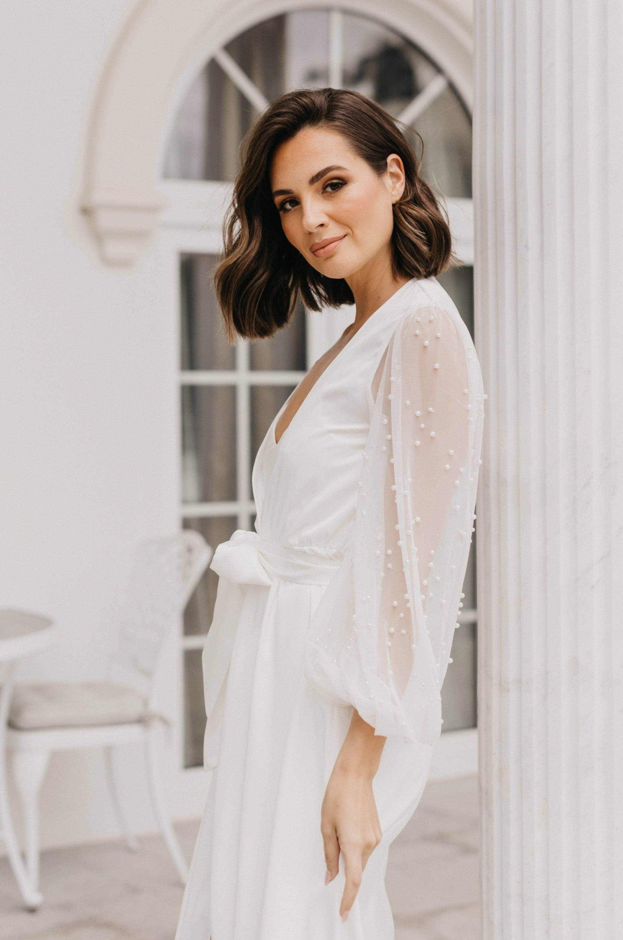 Sophia Hand Beaded Pearl Sleeve Maxi Robe with Slip - Elegant Formal Evening Gown for Weddings, Galas & Special Occasions