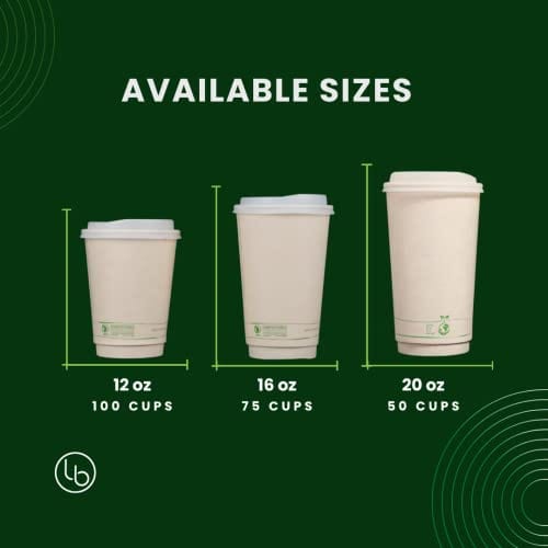 16oz Compostable Coffee Cups with Lids - 75 Pack Eco-Friendly cPLA Lids, Stirrers & Sleeves | Biodegradable Hot/Cold Drink Cups for Office, Cafes & Takeout