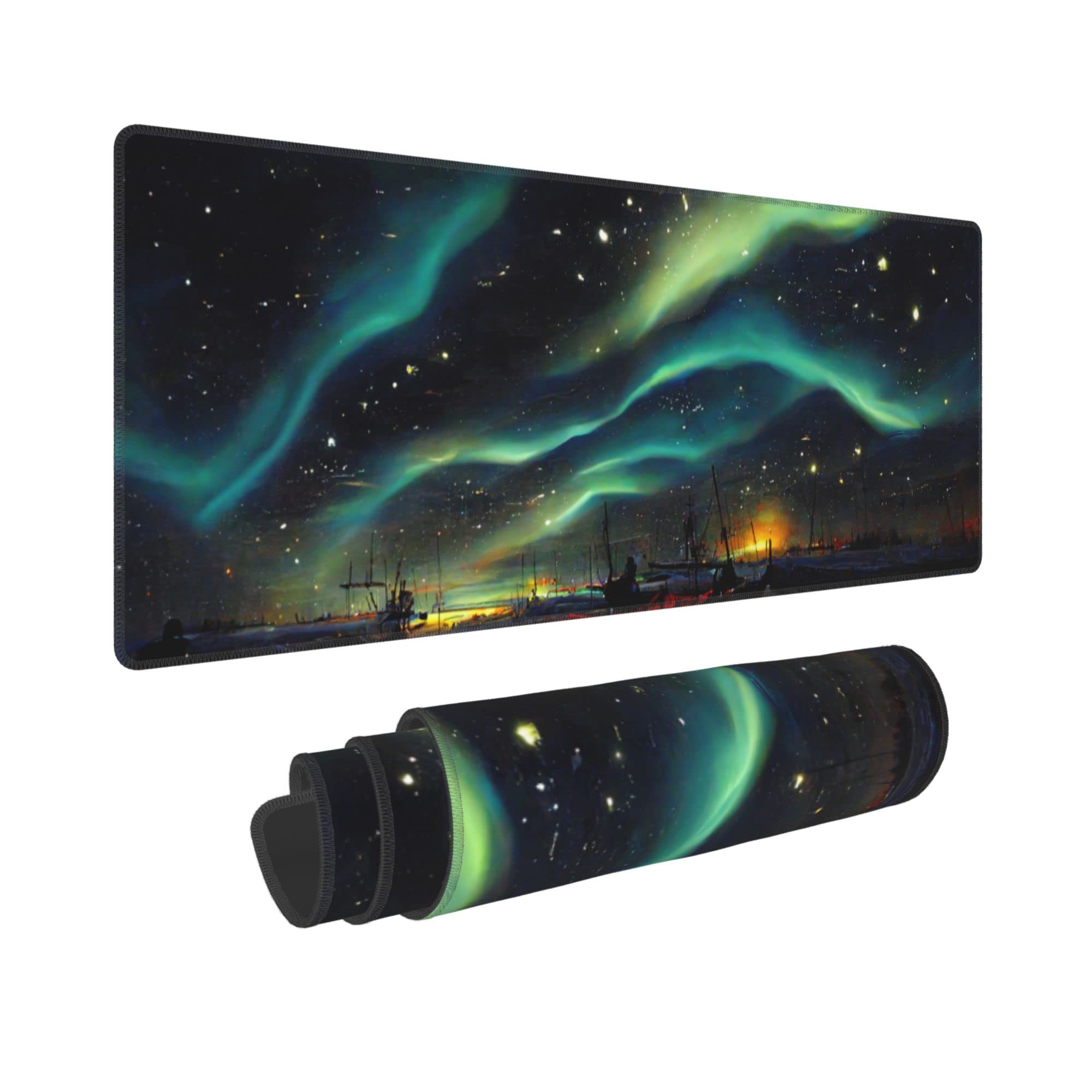 Northern Lights Starry Sky Extended XL Gaming Mouse Pad - 31.5x11.8 Inch Large Desk Mat with Non-Slip Base & Stitched Edge for PC, Laptop, Office & Home Workstation | Perfect for Gamers, Programmers & Office Professionals