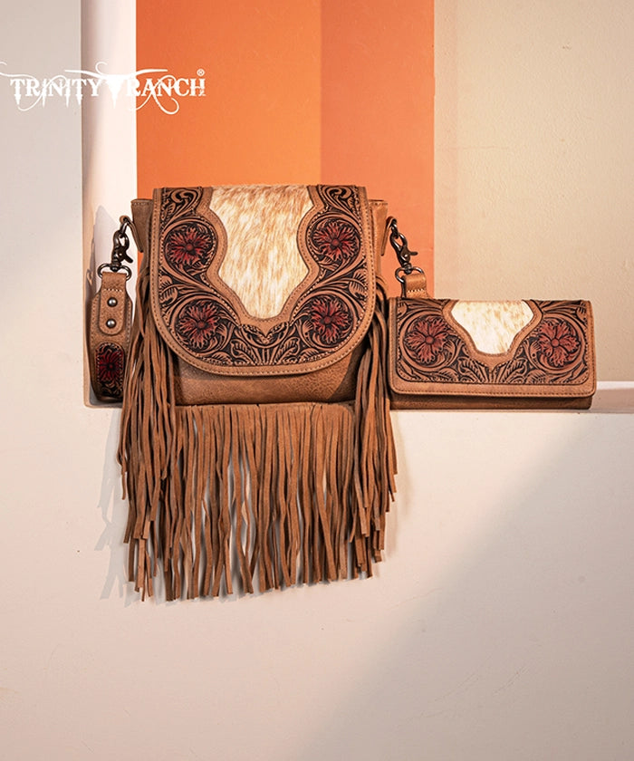 Genuine Hair-On Cowhide Crossbody Bag with Tooled Fringe - Trinity Ranch Western Style Purse for Women | Perfect for Rodeo, Country Concerts & Boho Fashion