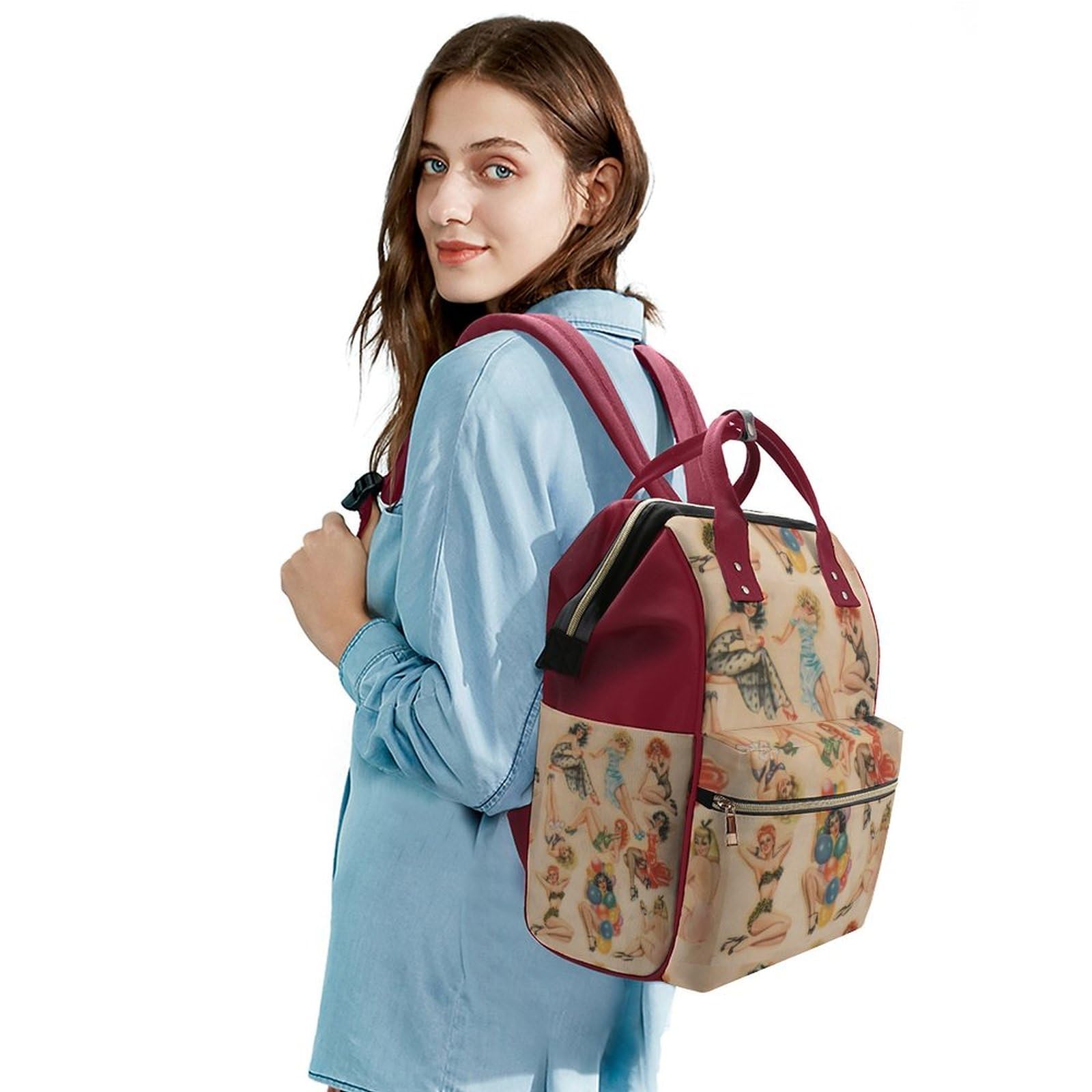 Retro Pinup Travel Backpack for Women - Waterproof with Bottle Pocket for Hiking & Commuting