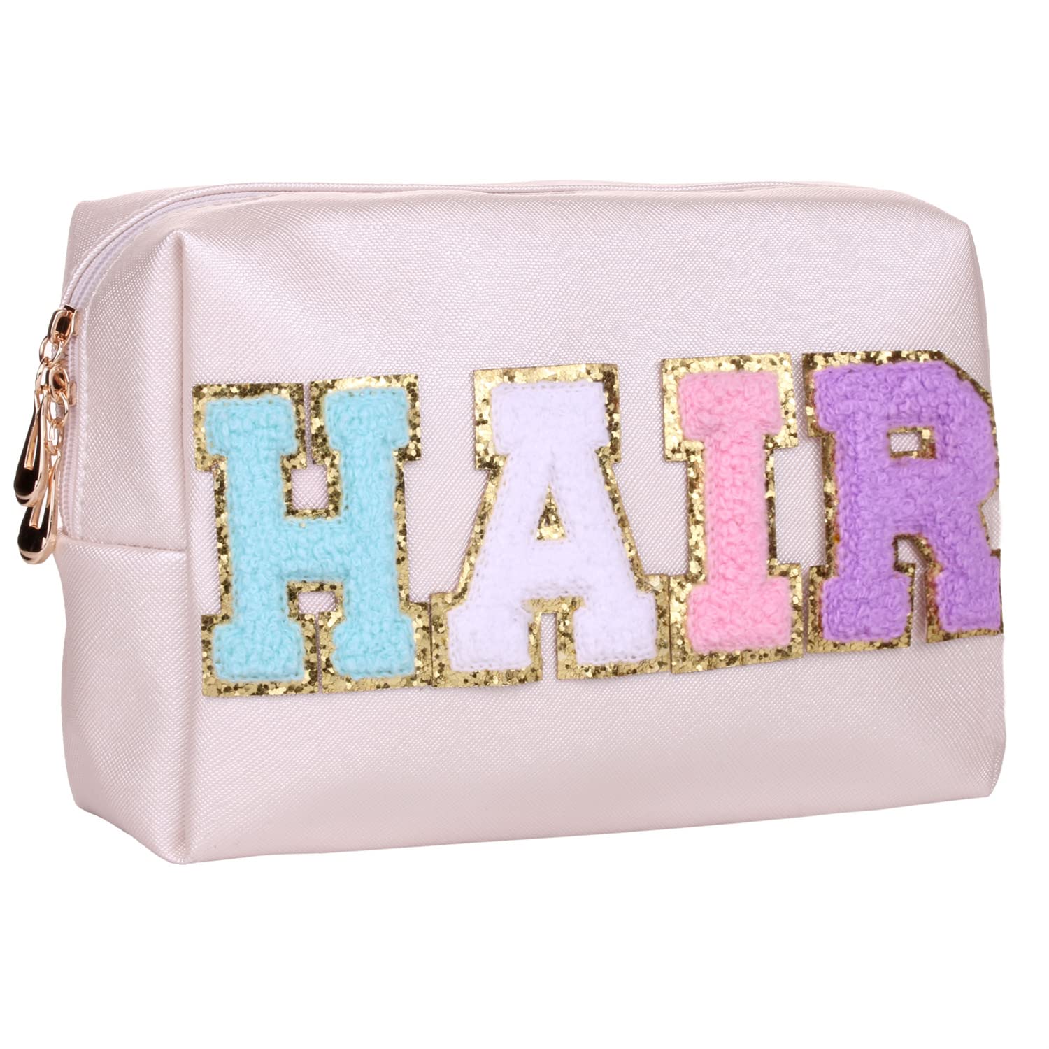 Preppy Patch Cosmetic Toiletry Bag for Women & Girls - PU Leather Makeup Organizer with Zipper, Waterproof Travel Pouch for Skincare & Beauty Essentials | Perfect for Vacation, Gym & Daily Use