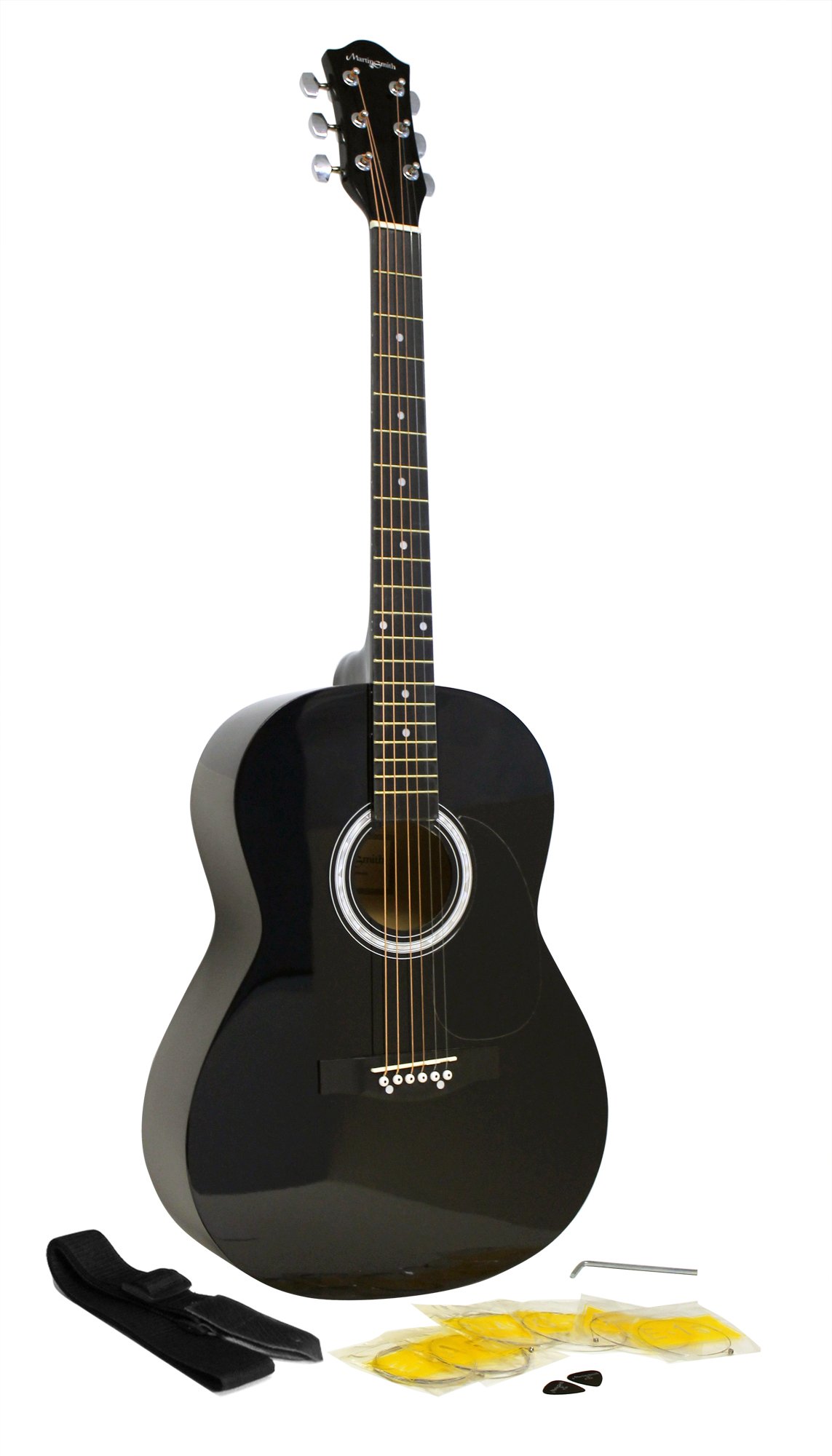 Martin Smith 6 Full Size Acoustic Guitar with Strap, Strings & Picks - Black (W-100-BK-PK) | Perfect for Beginners, Camping & Live Performances