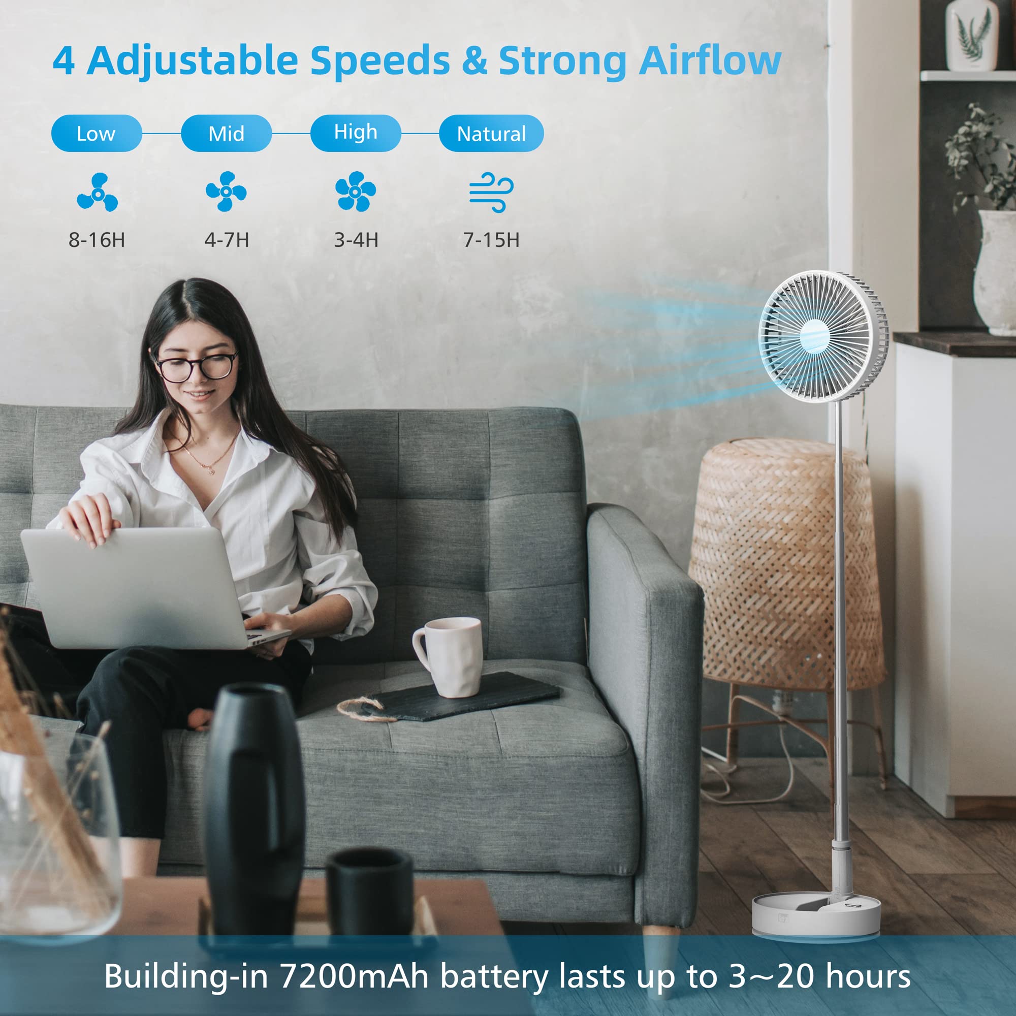 Rechargeable 7200mAh Cordless Foldable Portable Fan - Remote Control Oscillating Desk/Floor Standing Fan with USB Charging | Perfect for Bedroom, Office, Travel, Camping & Outdoor Use