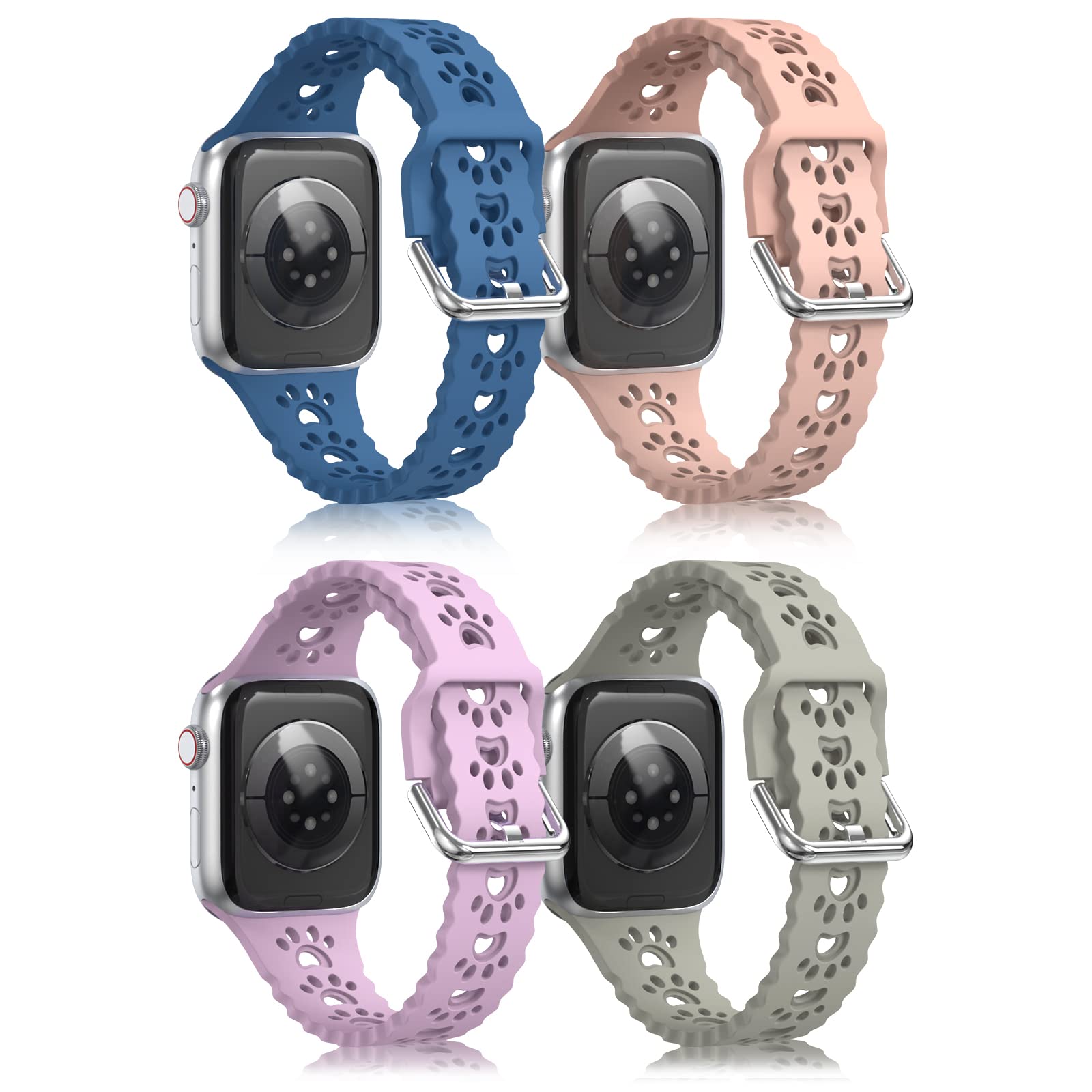 WOFRO 4 Pack Apple Watch Bands 38mm-45mm - Slim Silicone Paw Print Sport Wristbands for Women & Men - Compatible with iWatch Series 8/7/6/5/4/3/2/1/SE - Breathable Hollow-Out Design for Gym, Running & Daily Wear