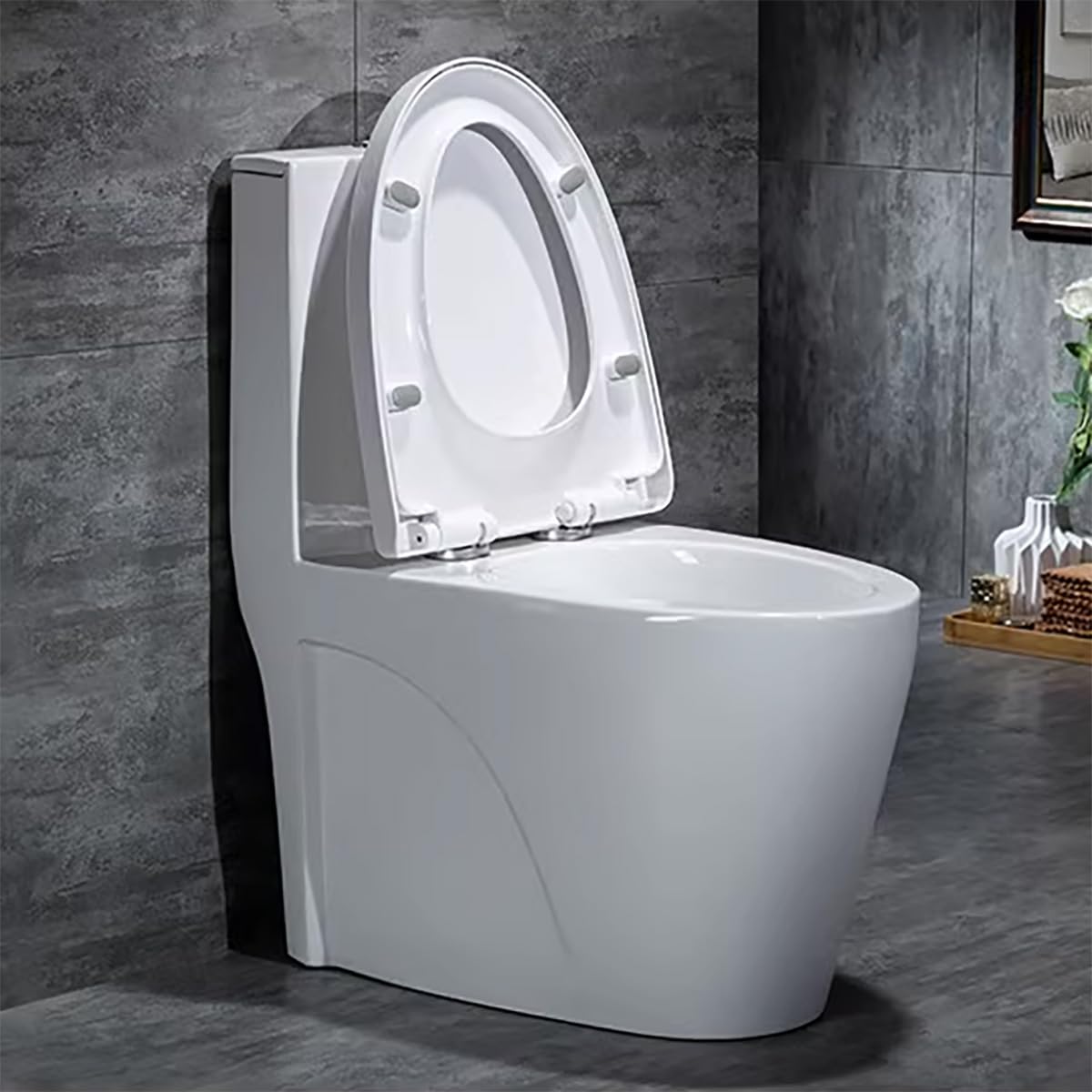 WinZo WZ5040P Elongated One-Piece Toilet - High-Efficiency Dual Flush 1.1/1.6 GPF, Soft-Close Seat, Wall Discharge Horizontal Outlet - Perfect for Small Bathrooms, Basements & Macerating Systems - White
