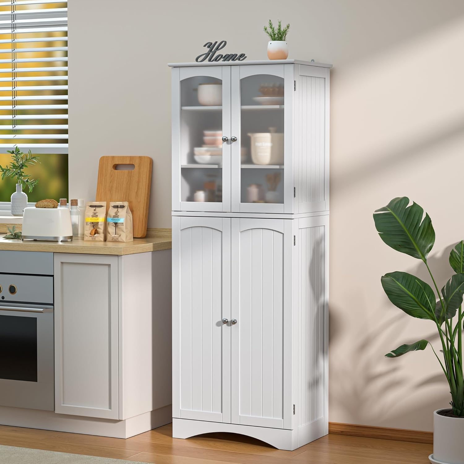 Gizoon 64 Inch White Kitchen Pantry Cabinet with Glass Doors & Adjustable Shelves - Freestanding Tall Storage Cabinet for Kitchen, Living Room, Dining Room - Perfect for Organizing Dishes, Linens, and Home Decor