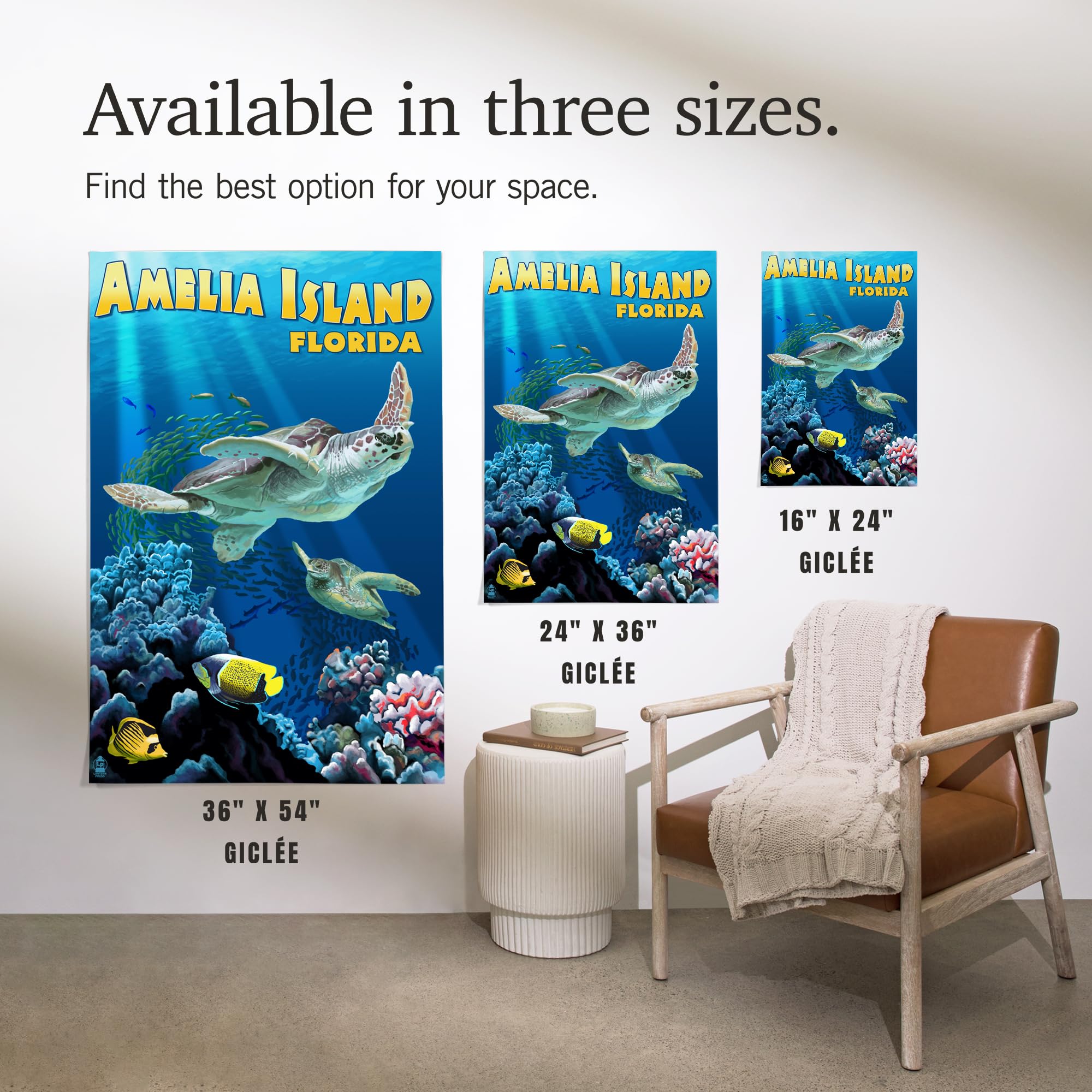 Lantern Press 16x24 Inch Giclee Art Print - Amelia Island Florida Sea Turtle Swimming Underwater Wall Decor - Perfect for Beach House, Living Room & Coastal Themed Home Decor