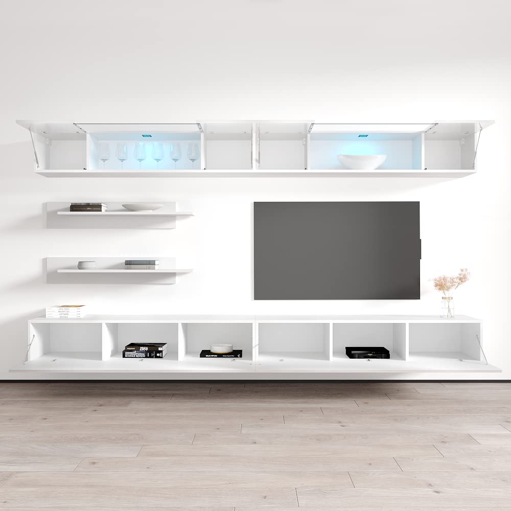 Modern Wall-Mounted TV Stand with Storage Shelves & LED Lights - Floating Entertainment Center Console for Bedroom & Living Room - White I3 30TV Stand by Meble Furniture - Perfect for Small Spaces & Home Theater Setup