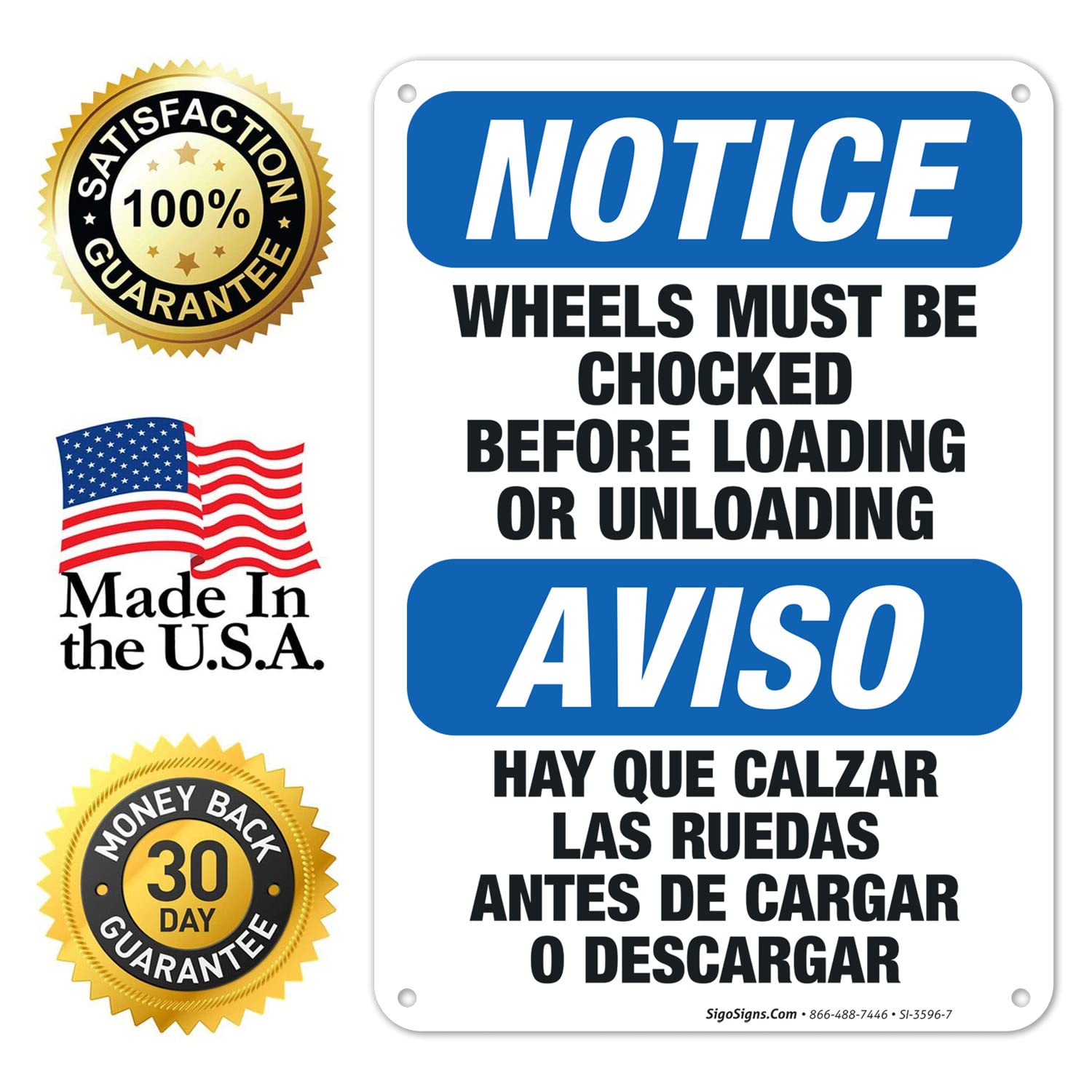 OSHA Compliant Bilingual 'Wheels Must Be Chocked' Safety Sign - 10x7 Inch Rust-Free Aluminum Loading Dock Sign for Trucks & Trailers - Durable Indoor/Outdoor Warning Sign Made in USA (English/Spanish)