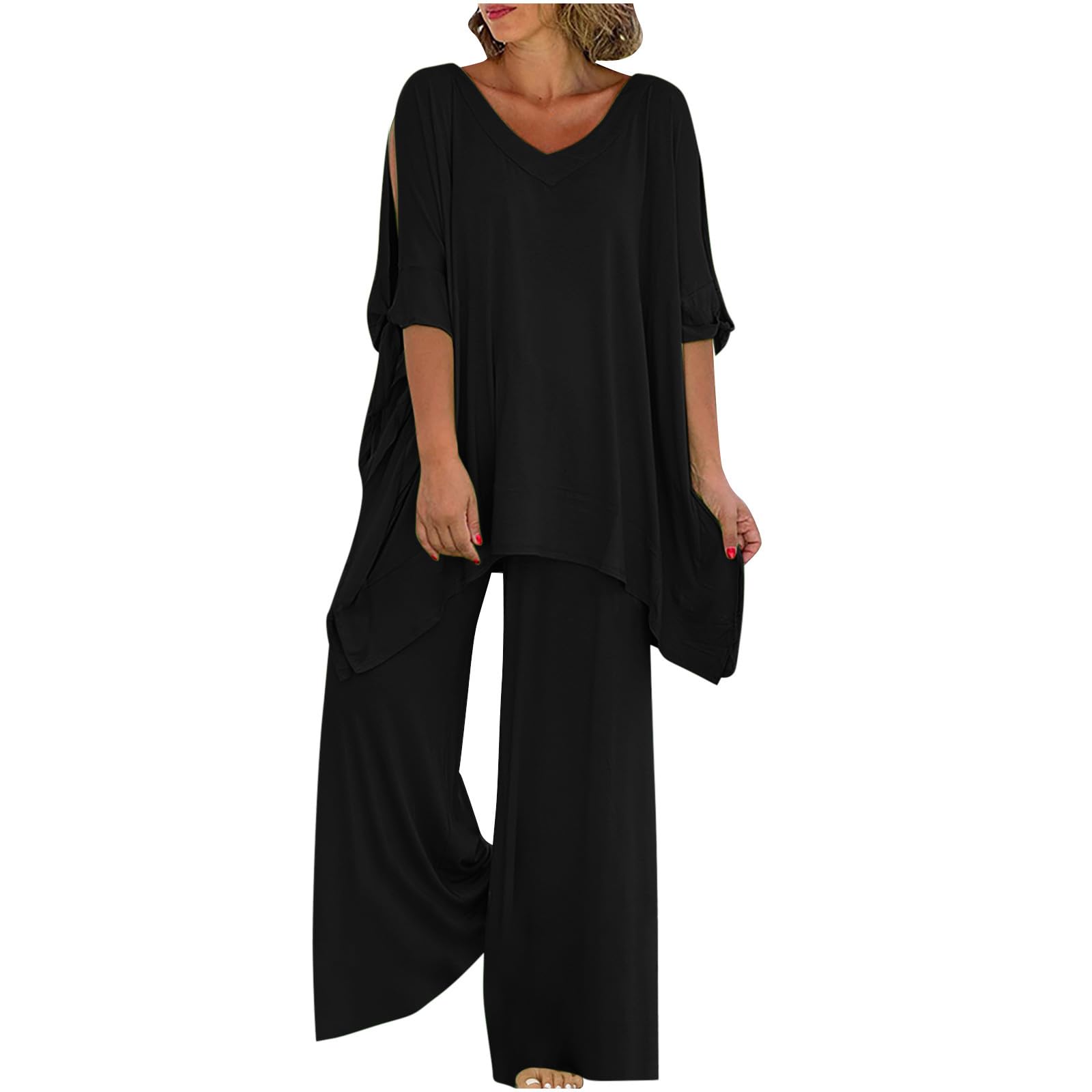 Women's 2-Piece Outfit - Short Sleeve V-Neck Blouse & Wide Leg Pants Lounge Set | Soft Cotton Linen Matching Pajama Set | Perfect for Home Relaxation, Yoga & Casual Wear