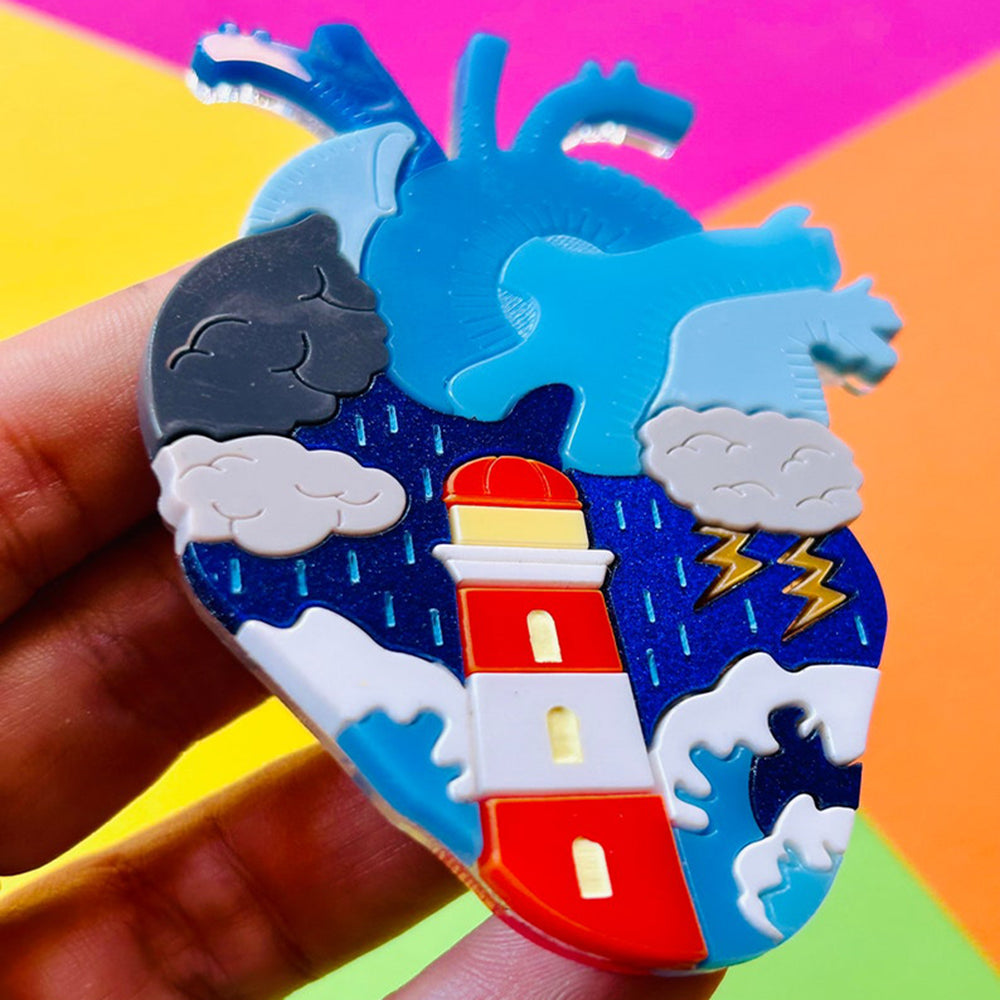 Stormy Heart Nautical Aesthetic Acrylic Brooch - Anatomical Hearts Collection by Makokot Design | Unique Handmade Pin for Jackets, Bags & Accessories