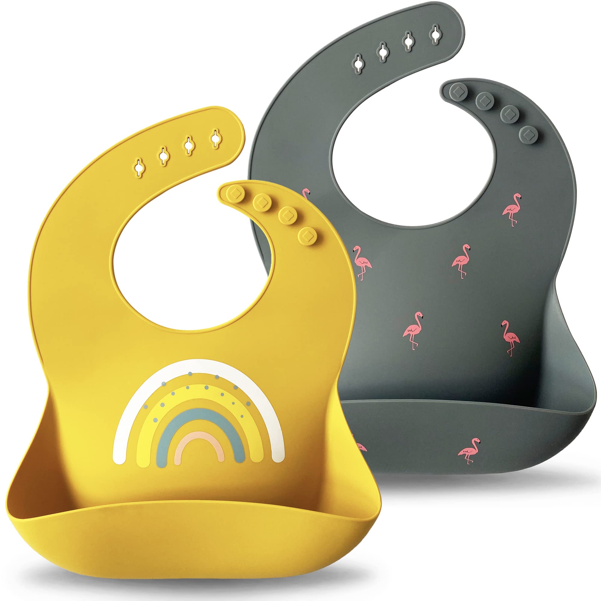 Moonkie Silicone Baby Bibs Set of 2 - BPA Free, Waterproof & Adjustable Feeding Bibs for Infants & Toddlers | Soft, Flexible & Easy to Clean | Perfect for Mealtime, Snacks & Messy Play (Dark Grey/Kodak)
