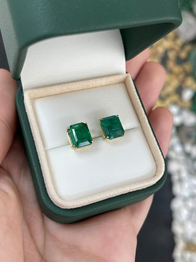6.63tcw 18K Gold Natural Rare Large Emerald Four Prong Stud Earrings for Women - Luxury Fine Jewelry Gift for Birthday, Anniversary & Special Occasions