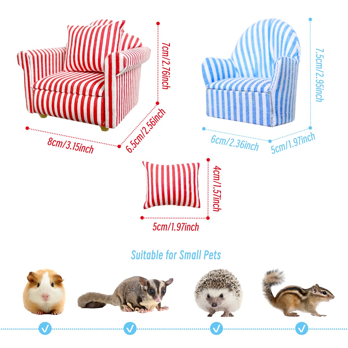 2pcs Mini Cotton Striped Hamster Sofa Bed - Soft Small Animal Chair & House for Guinea Pigs, Sugar Gliders, Hedgehogs, Lizards | Cozy Pet Furniture Accessories for Cages, Playpens & Home Decor
