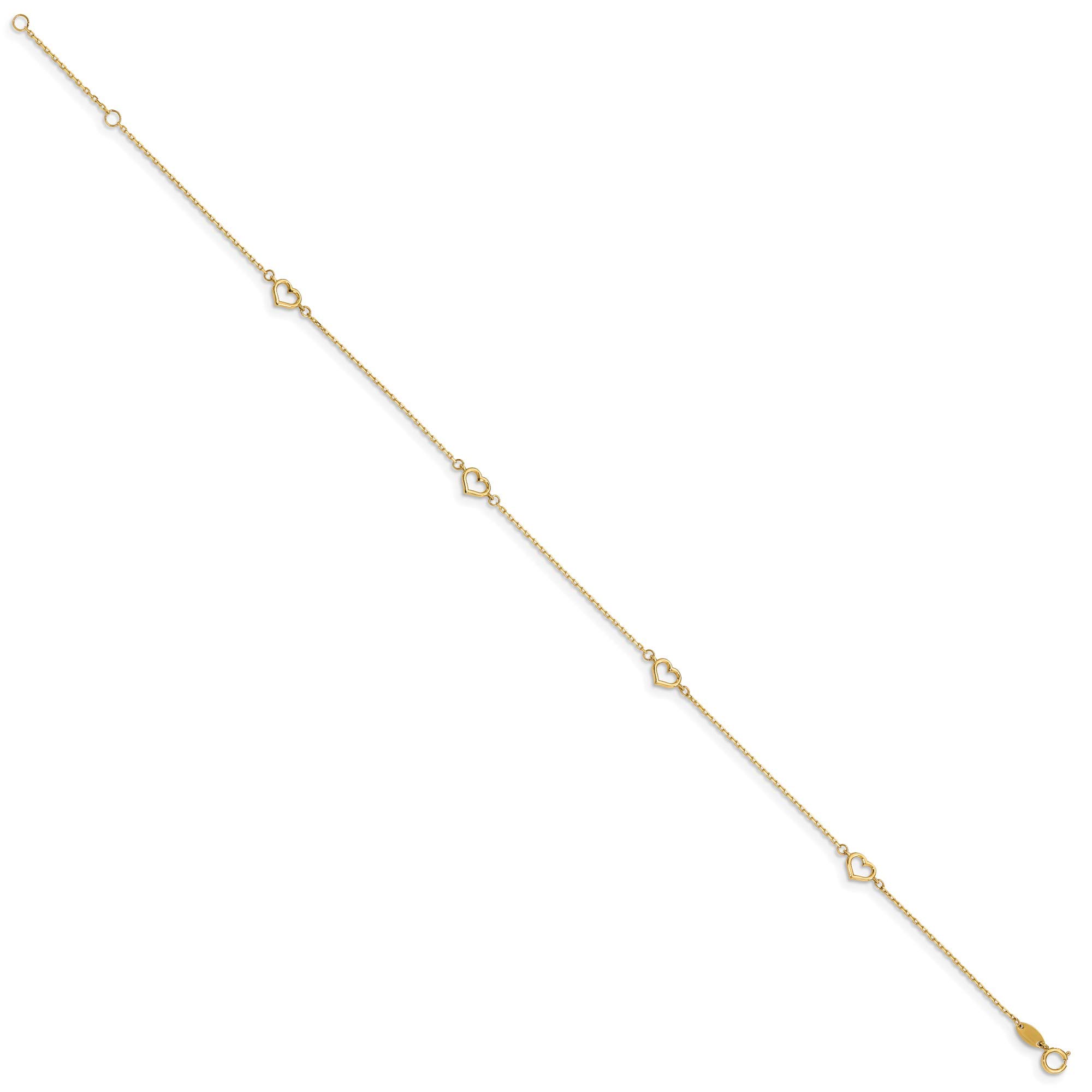 14K Yellow Gold Heart Anklet with 1-Inch Extension Chain - 11 Inch Adjustable Length - Perfect for Beach, Summer & Casual Wear