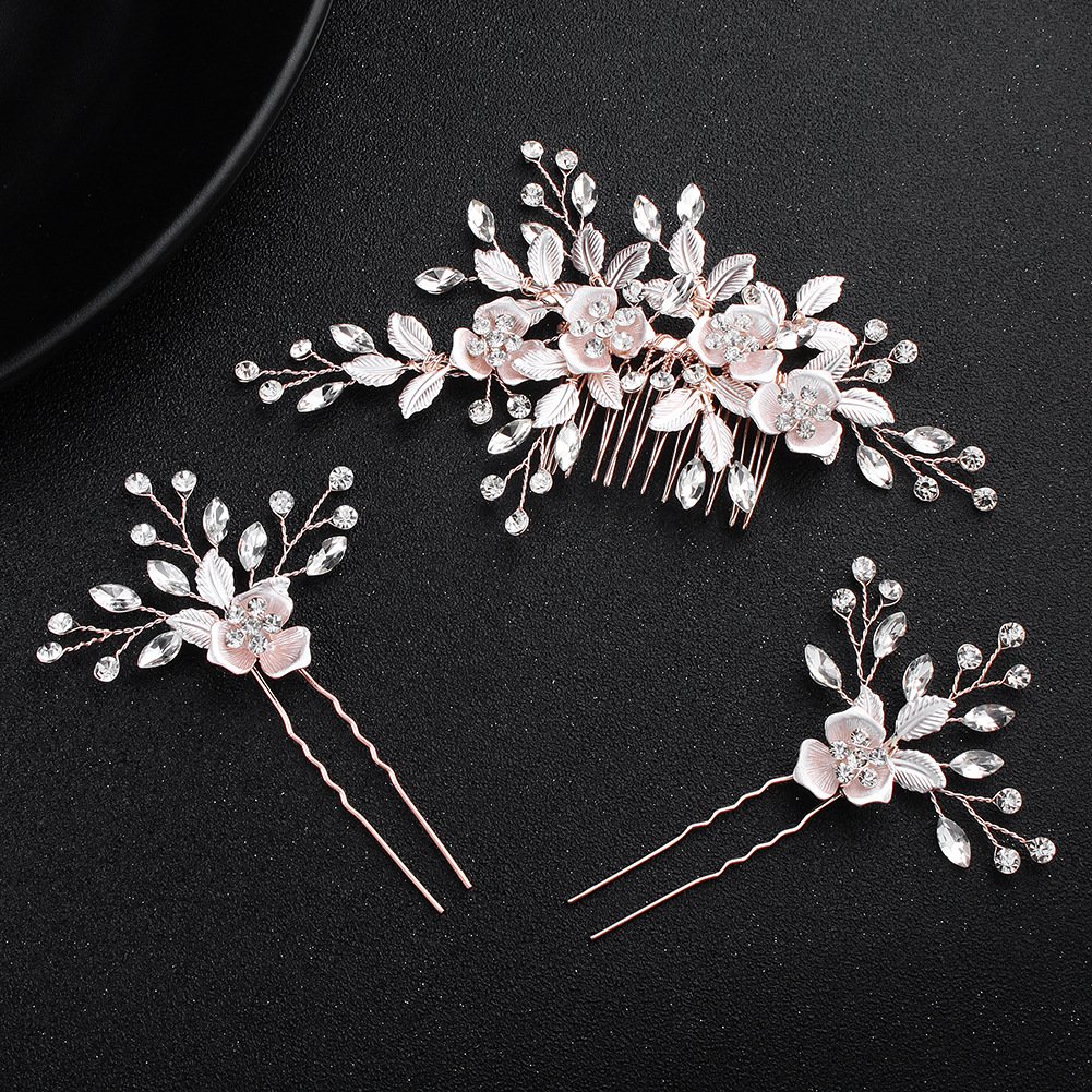 Rose Gold Flower Hair Comb Set - Wedding Bridal Hair Accessories for Brides & Bridesmaids