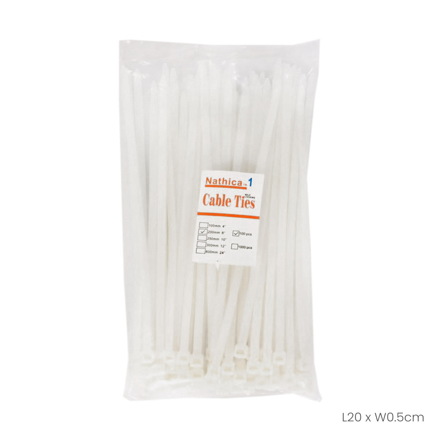 100-Pack White Nylon Cable Ties 5x200mm (HFH5430) - Heavy Duty Zip Ties for Organizing Wires, Cables, Home & Office Use