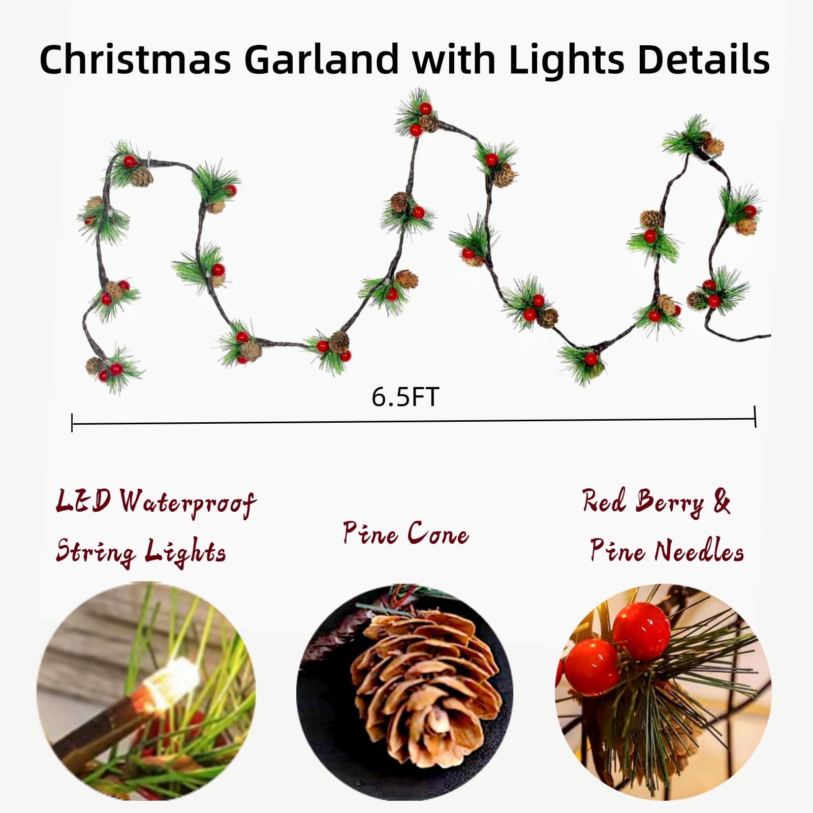 Christmas Garland with Lights - 6.5FT Red Berry Pine Cone Garland with 20 LED Battery Operated String Lights for Fireplace Mantel, Indoor Xmas Decorations | Perfect for Holiday Home Decor, Christmas Tree Accents & Festive Party Decorating