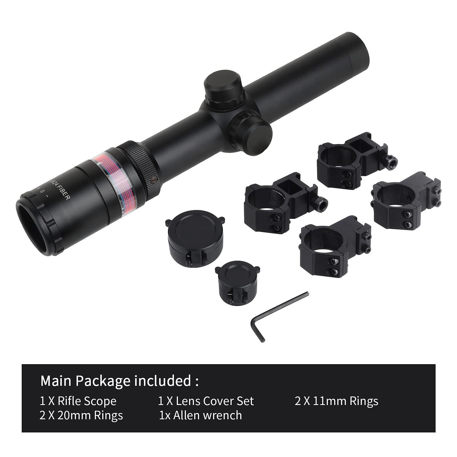 1.5-6X24mm Tactical Rifle Scope with Red Fiber Optic & Picatinny Rail - 1/4 MOA, Fully Multi-Coated, One-Piece Aluminum Tube, Second Focal Plane (Includes 11mm & 20mm Rings) - Perfect for Hunting, Target Shooting & Tactical Operations