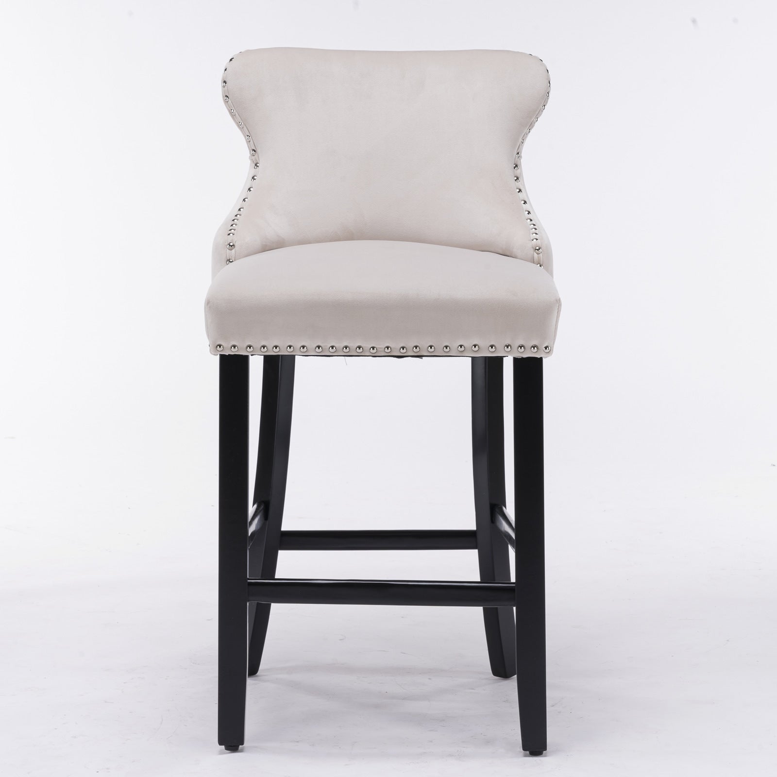 Contemporary Velvet Upholstered Wingback Bar Stools - Set of 4 Beige Bar Chairs with Button Tufted Design, Wooden Legs & Chrome Nailhead Trim | Perfect for Kitchen Islands, Home Bars & Modern Dining Areas