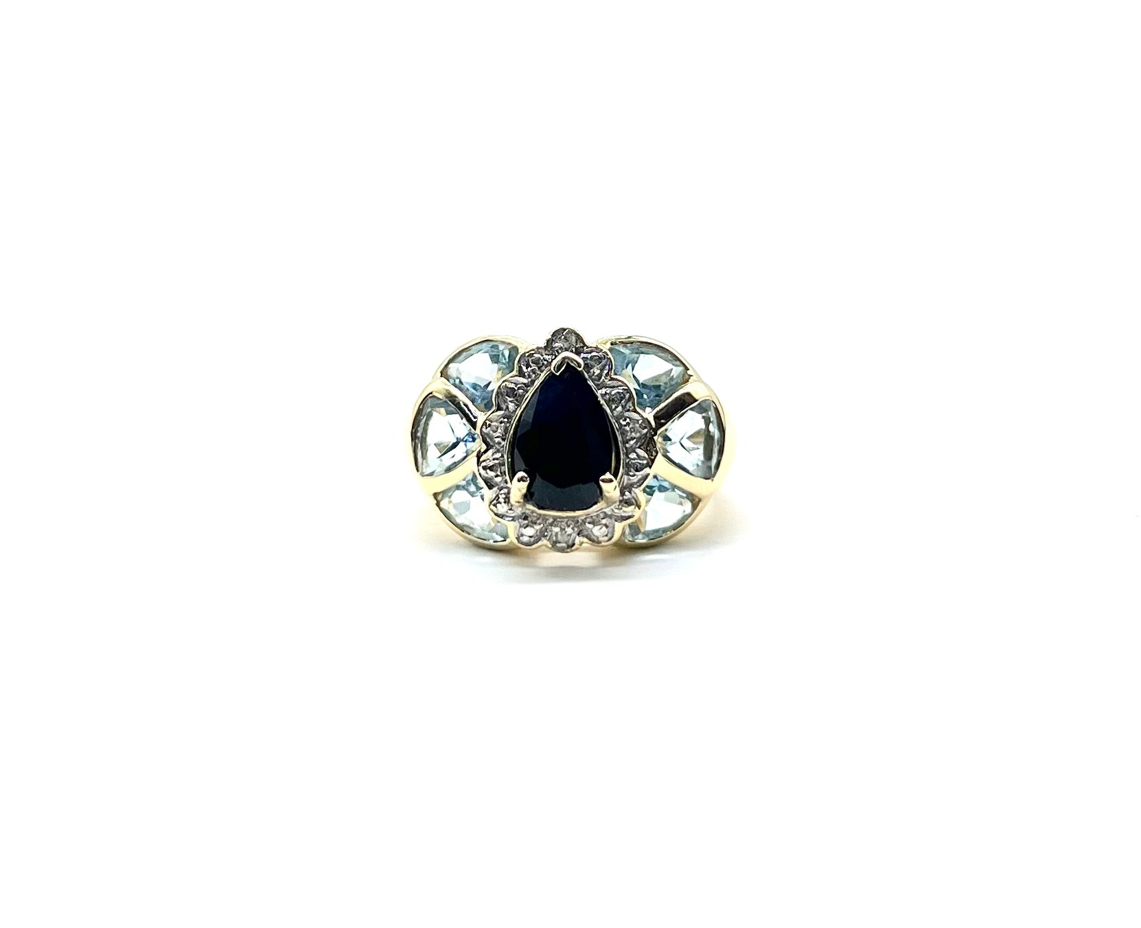 Exquisite Pear Sapphire, Blue Topaz & Diamond Halo Ring - Elegant Engagement, Anniversary or Gift Jewelry for Women