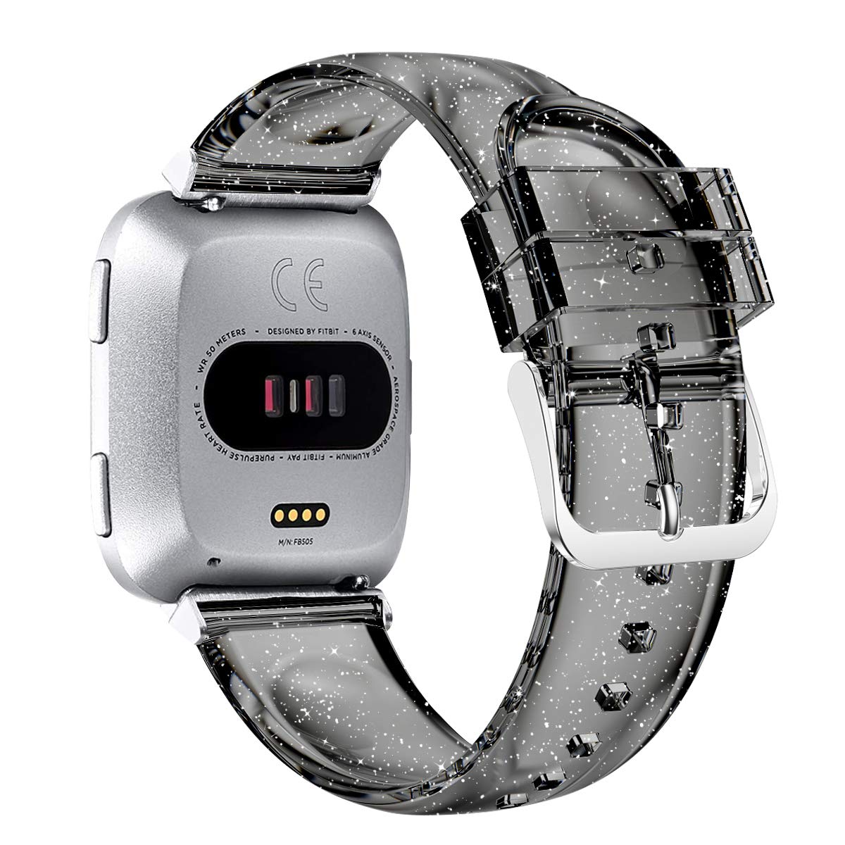 iiteeology Compatible with Fitbit Versa Bands - Soft TPU Clear Glitter Watch Band for Fitbit Versa 2/Versa Lite/Versa SE - Women's Smartwatch Accessory in Black & Silver | Perfect for Workouts, Daily Wear & Fashion Style