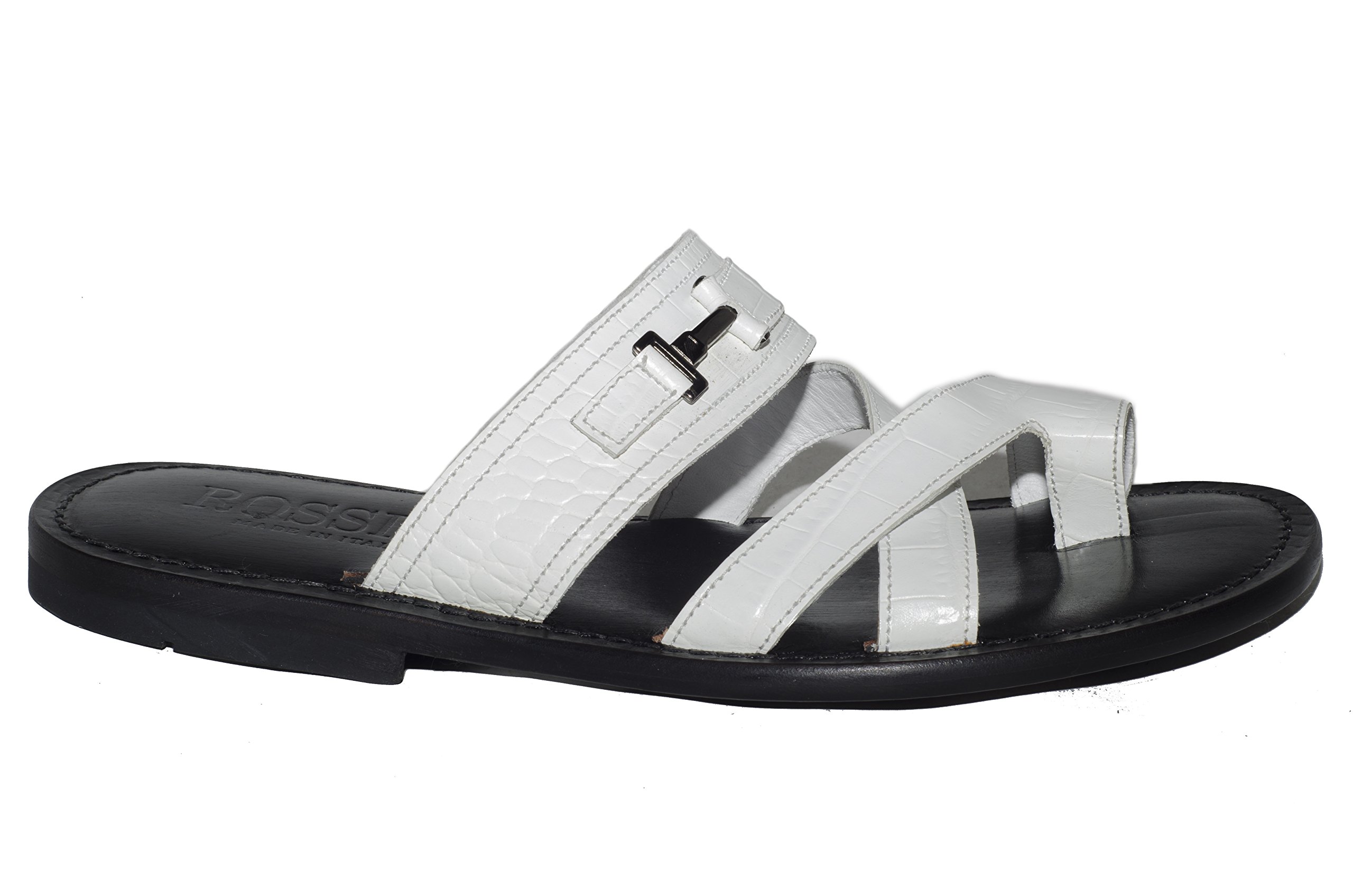 ROSSI RS805 Italian Men's White Print Leather Push-In Toe Sandals - Comfortable Summer Casual Shoes for Beach, Vacation & Outdoor Walking