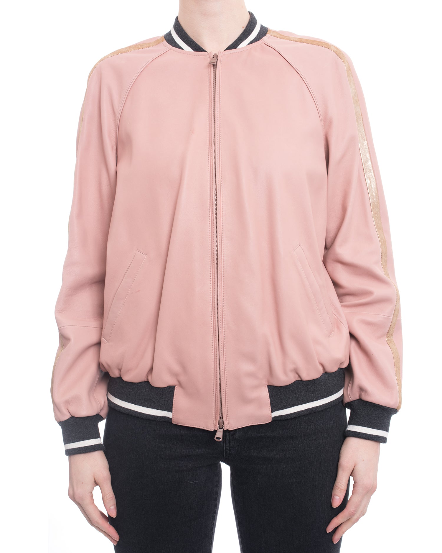Brunello Cucinelli Women's Pink Lambskin Leather Bomber Jacket with Gold Stripe - Luxury Designer Outerwear for Fall & Winter Fashion | Perfect for Date Nights, Parties and Special Occasions