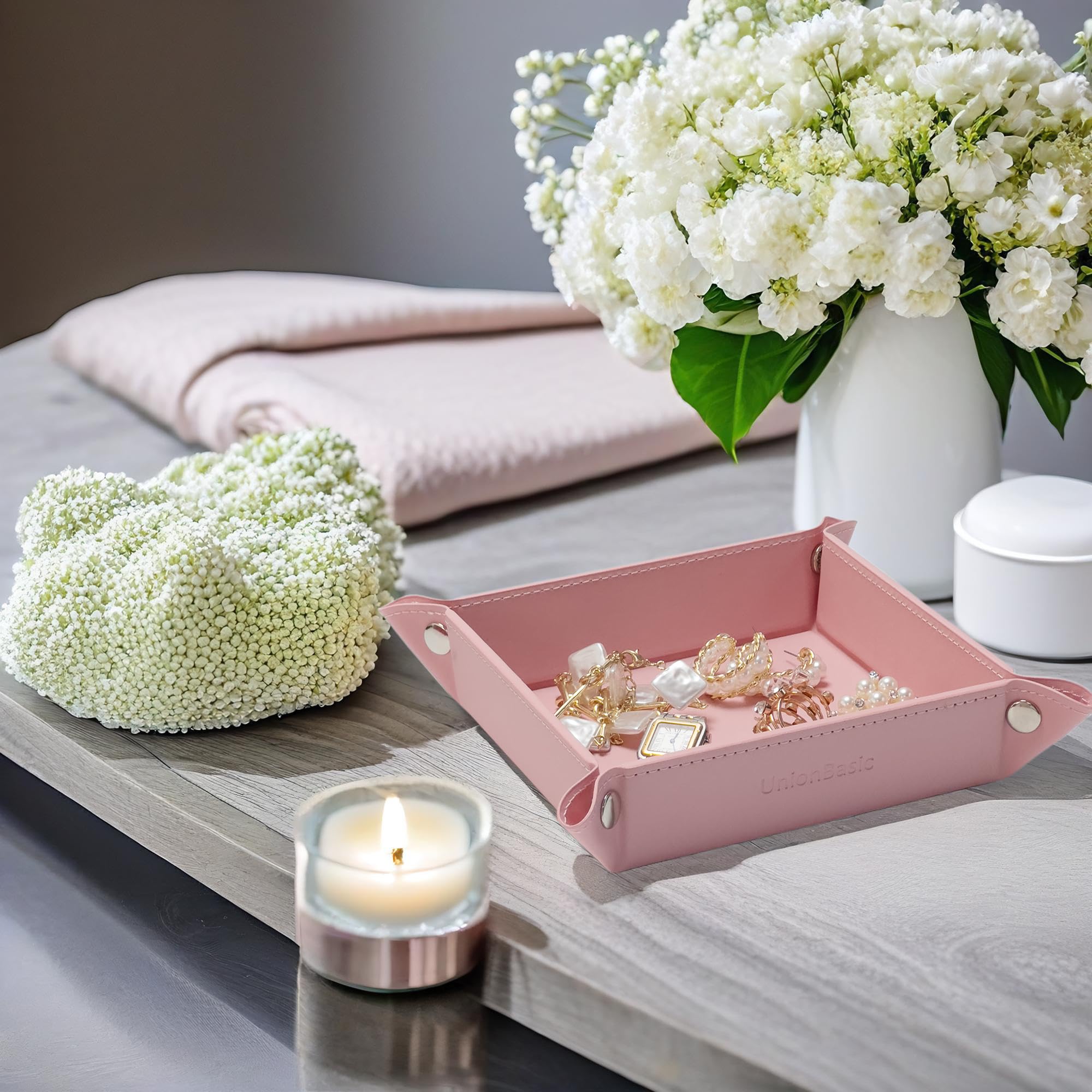 UnionBasic Small Valet Tray - Jewelry Organizer for Rings, Watches & Earrings | Entryway Catchall for Keys, Coins & Change | Nightstand Bedside Valet Holder | Electronic Gadgets & Candy Storage | Perfect for Home, Office & Travel Use - Candy Pink