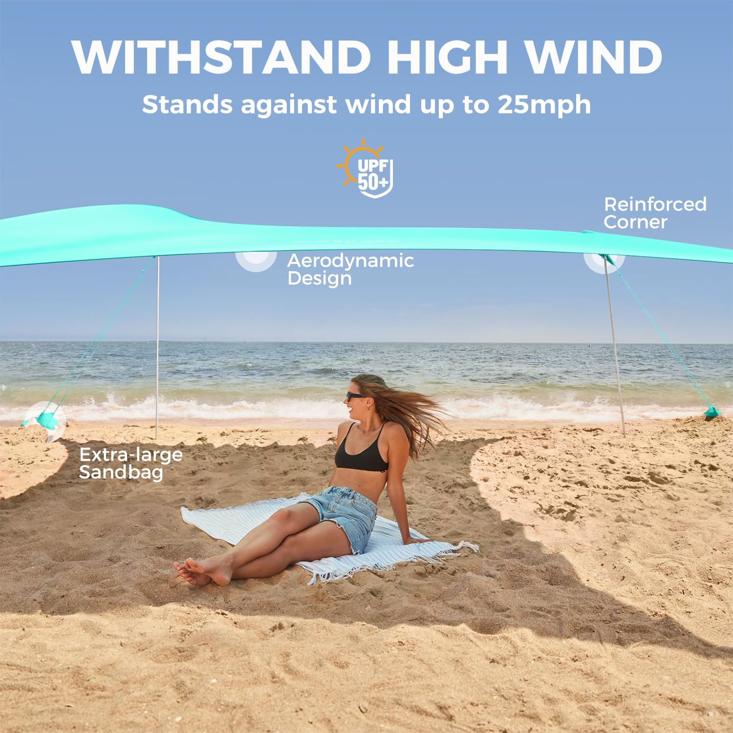 WEKAPO Beach Tent Sun Shelter - Easy Setup Portable Canopy with 4 Sturdy Poles, Large Sandbags & Shovel | 7'1'' Tall Windproof Sun Shade for Beach, Backyard & Camping | UPF 50+ UV Protection for Family Outdoor Activities