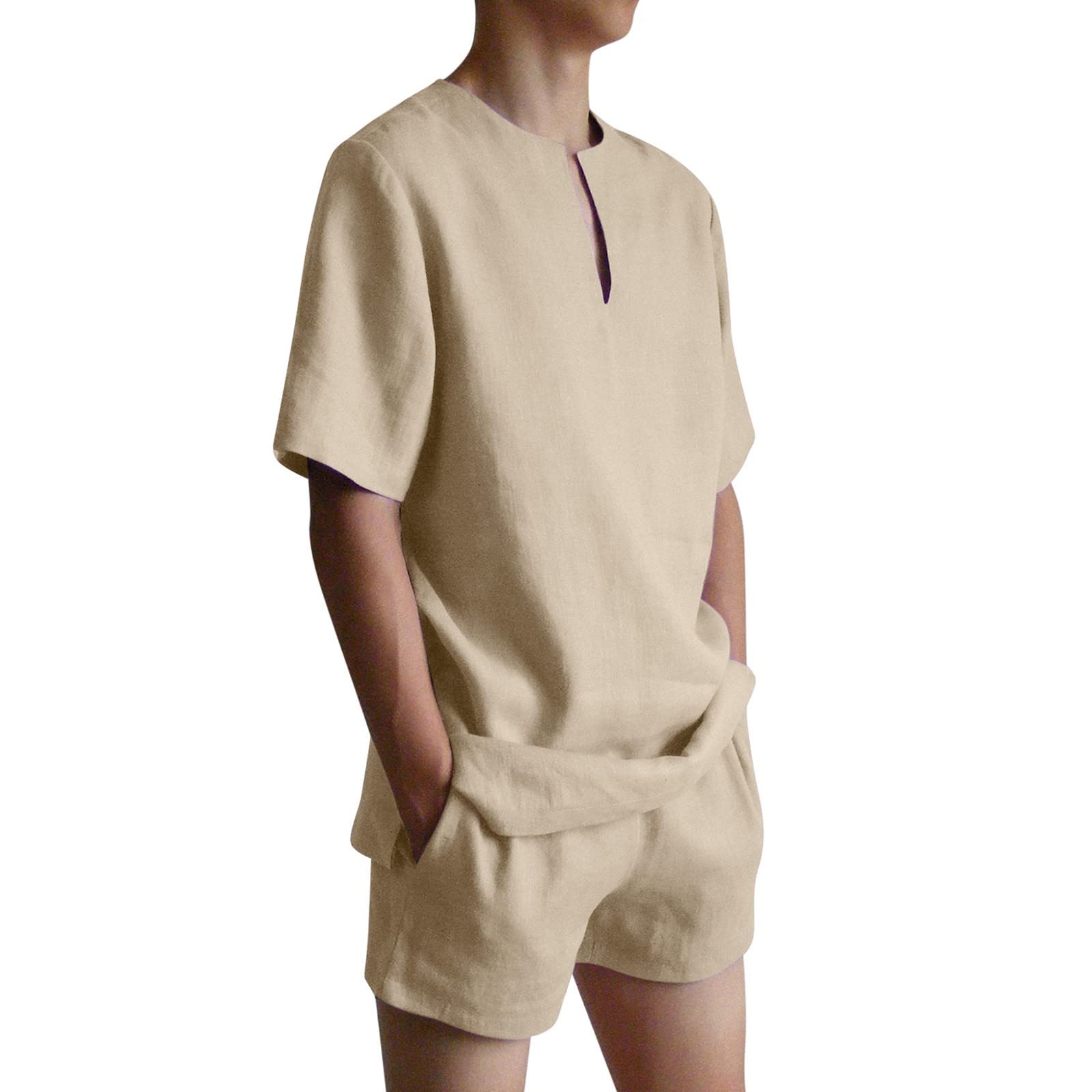 Men's Casual Printed Tracksuit Set - Regular Fit Summer Outfits with V-Neck Henley Short Sleeve Shirt | Perfect for Camping, Outdoor Activities & Mardi Gras Events | Comfortable Stretch Fabric in Khaki