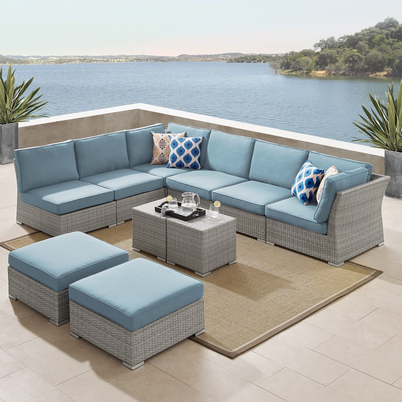 10-Piece Large Outdoor Furniture Set, 6-Seater All-Weather Wicker Patio Conversation Set with 4 Sofa Chairs, 2 Ottomans & 2 Side Tables - Perfect for Backyard, Deck, Garden or Poolside Relaxation (MS121)