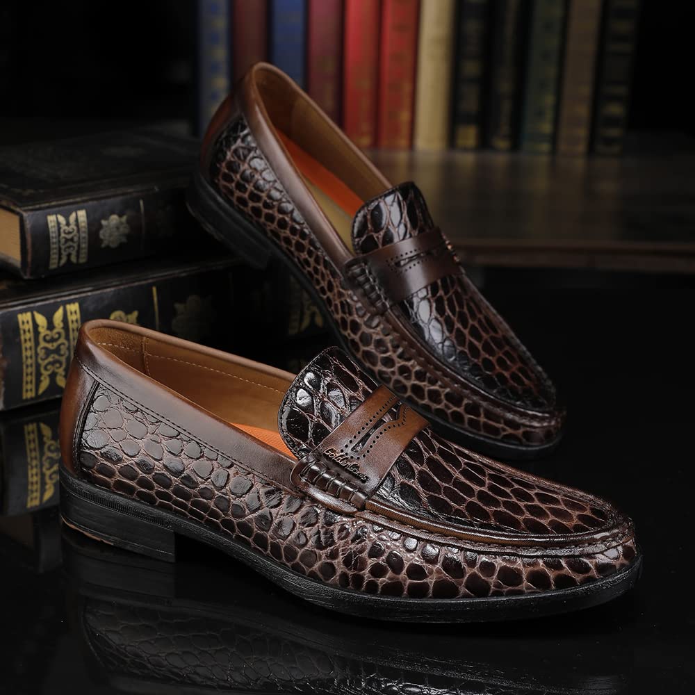 Premium Men's Leather Penny Loafers - Formal Dress Shoes with Crocodile Print | Soft Slip-On Comfort | Ideal for Business, Office & Wedding Occasions