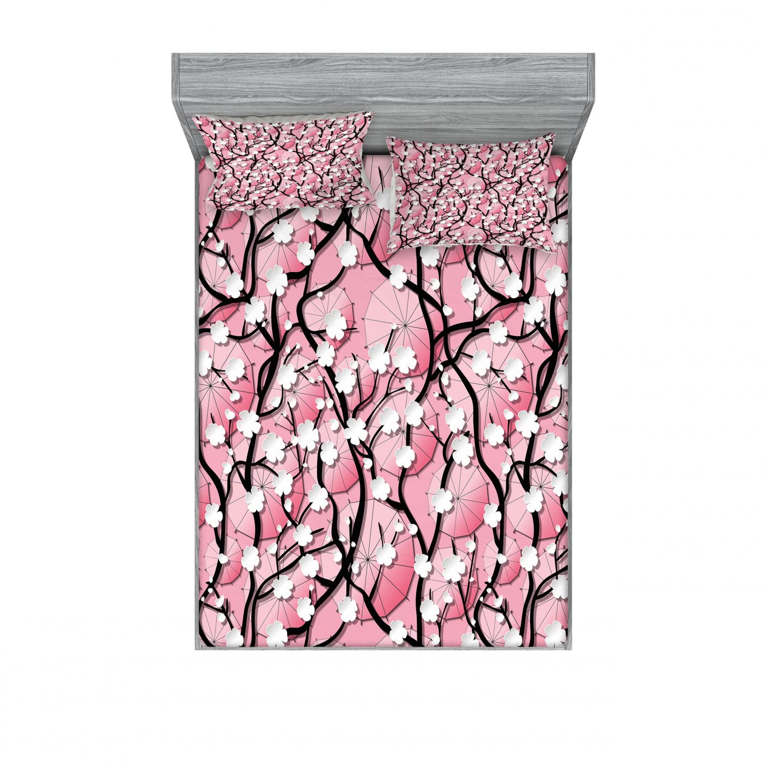 Ambesonne 2-Piece Full Size Fitted Sheet Set with 4 Pillow Shams - Sakura Tree & Umbrella Floral Design in Pink & Black - Soft Bedding for Guest Rooms, Dorms, Apartments - Machine Washable Wrinkle-Resistant Sheets