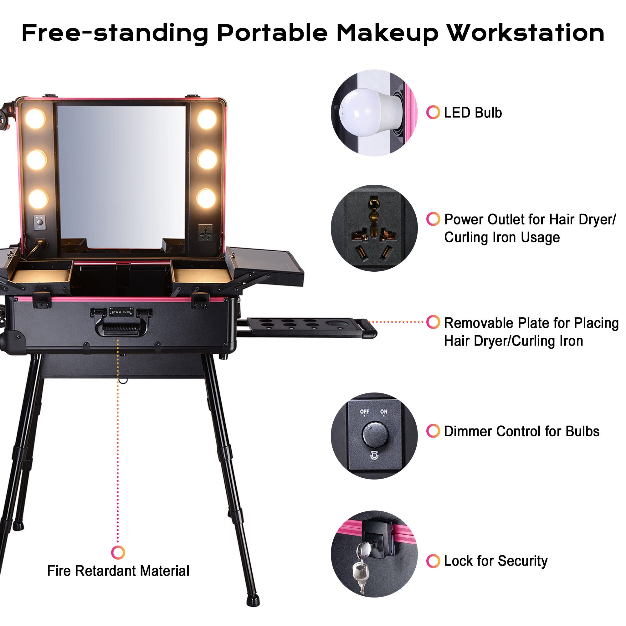 BYOOTIQUE 26 Inch Extra Large Rolling Makeup Case with LED Lighted Mirror - Professional Cosmetic Organizer Storage Trolley with Extendable Tray & Adjustable Legs - Perfect for Makeup Artists, Salon Professionals, Travel & Home Vanity Organization
