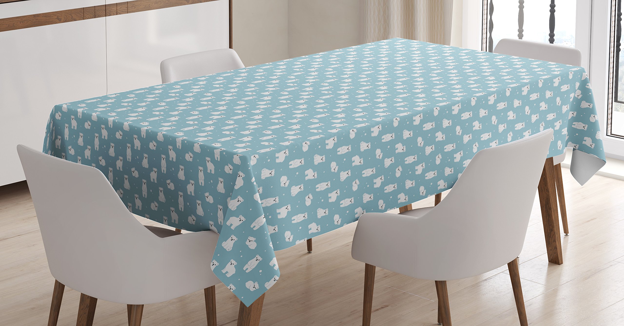 Ambesonne Polar Bear Tablecloth - Cartoon Style Arctic Wildlife Design, 60x84 Inch Rectangular Table Cover for Dining Room & Kitchen - Pale Blue White Black - Perfect for Winter Parties, Holiday Decor, and Wildlife-Themed Events