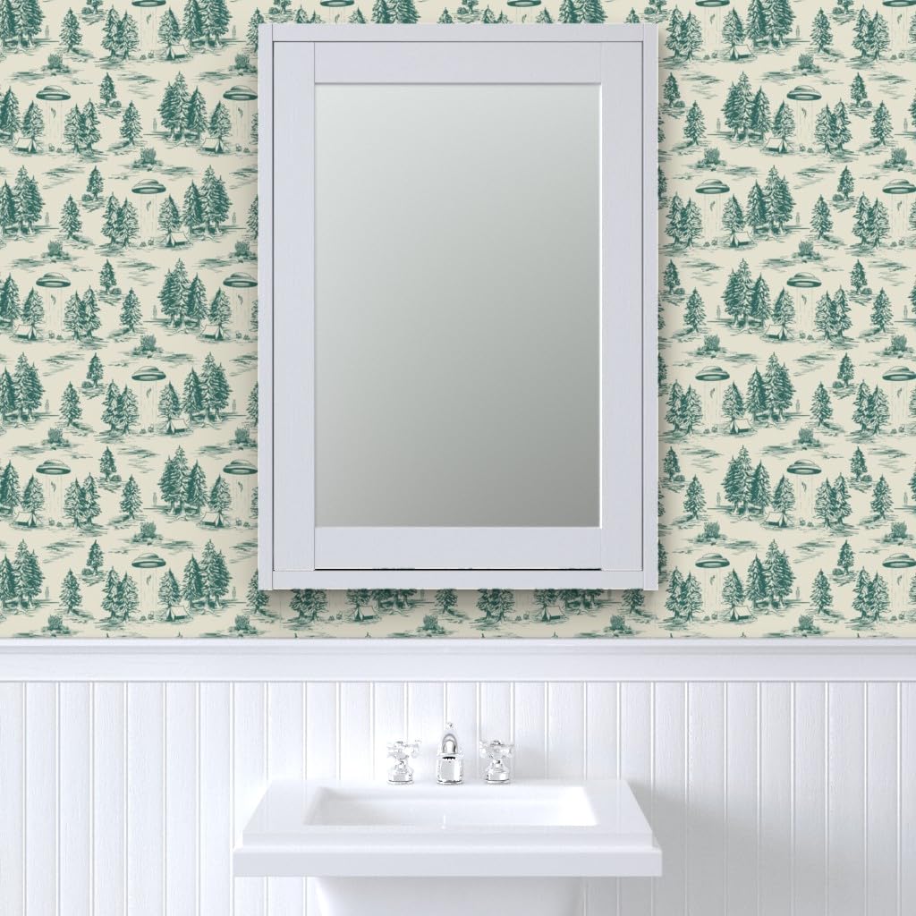 UFO Alien Abduction Teal Peel & Stick Wallpaper - 9ft x 2ft Removable Self-Adhesive Wallpaper | Funny Novelty Toile Design by Spoonflower | Perfect for Kids' Rooms, Home Decor & Unique Gift Ideas