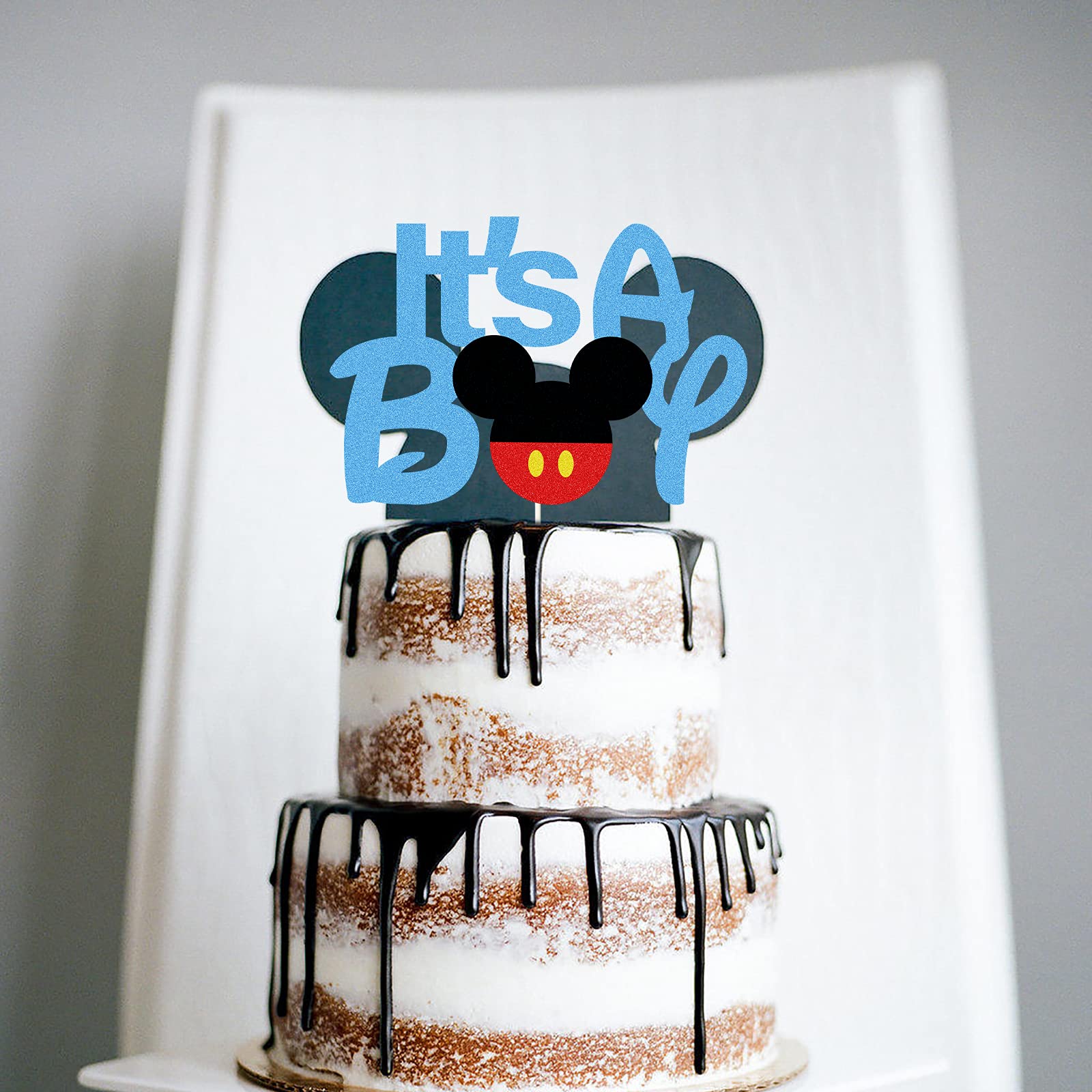 Black & Blue Glitter 'It's a Boy' Cake Topper - Mickey Mouse Theme Baby Shower Decoration for Little Boys - Cake Sign & Party Supplies - Perfect for Baby Showers, Gender Reveals & 1st Birthday Celebrations